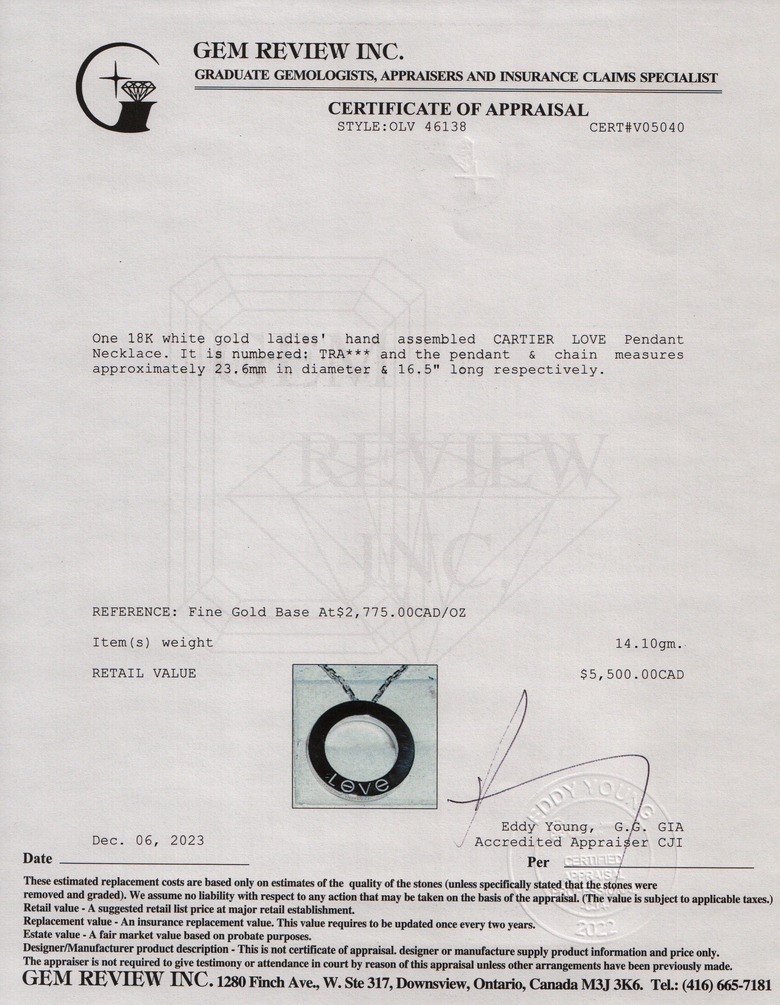 Cartier 18k White Gold Love Pendant Necklace w/ Certificate