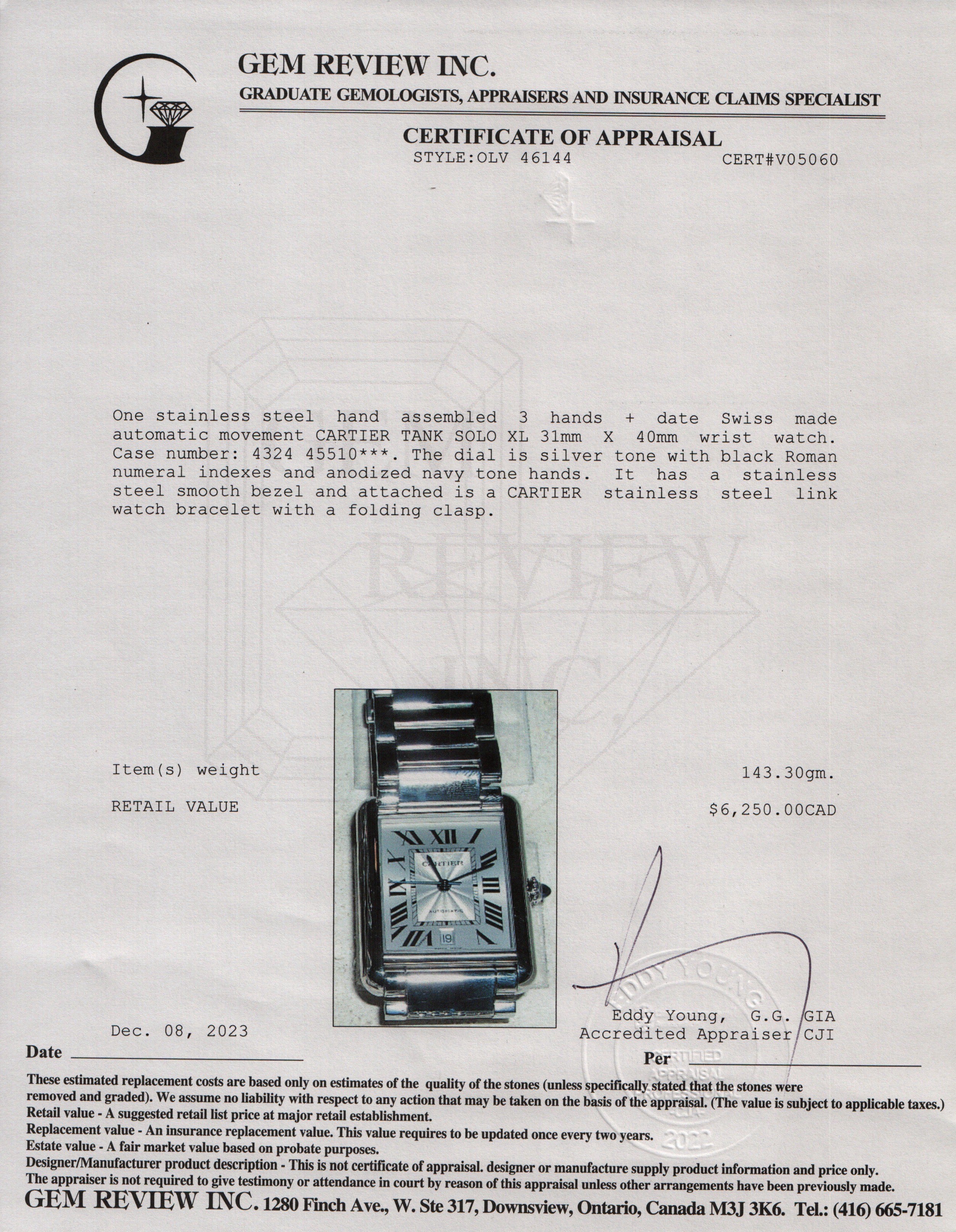 Cartier Stainless Steel Tank Solo XL 31 MM Automatic Watch