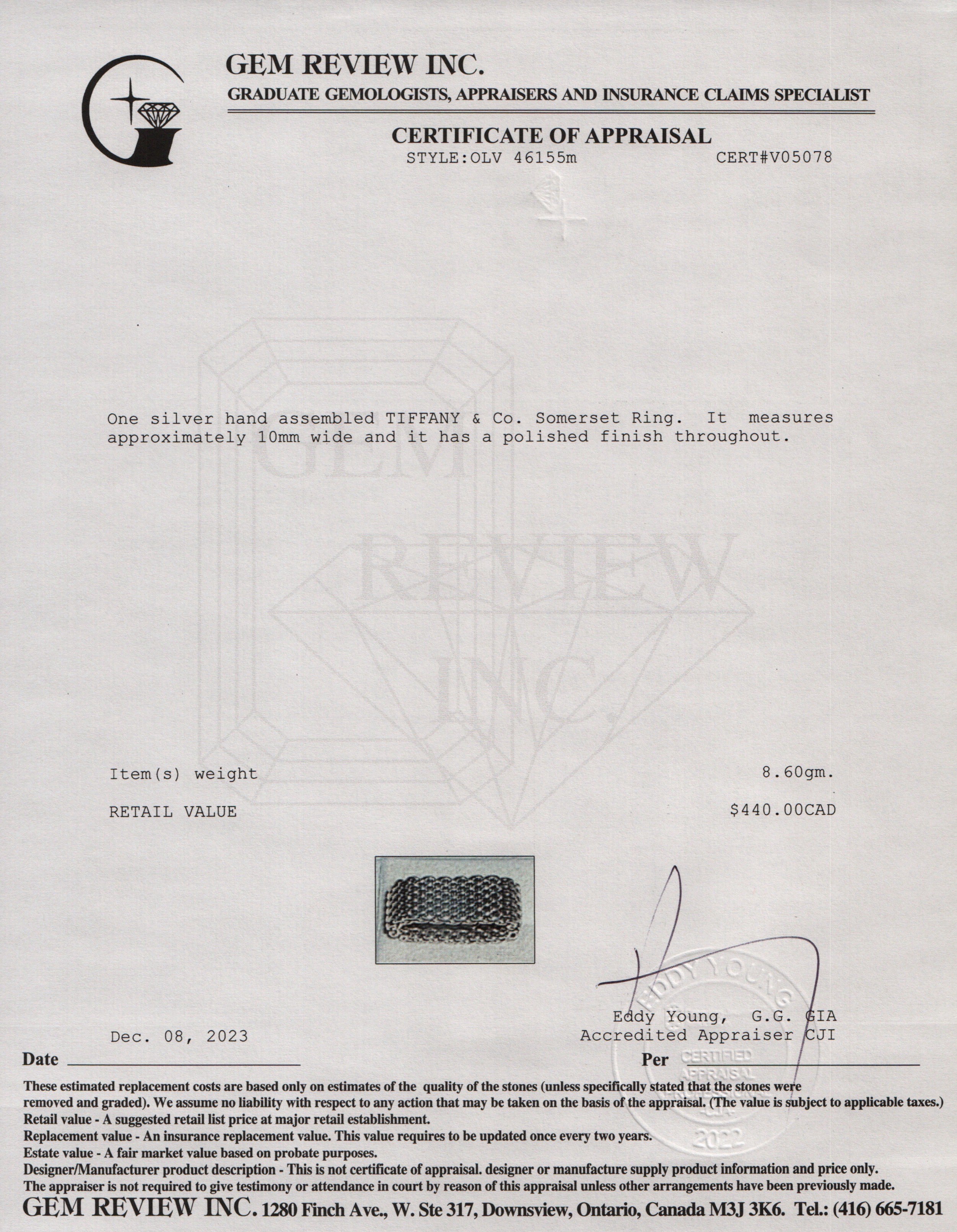 Tiffany & Co. Sterling Silver Somerset Mesh Ring, Size 7.5