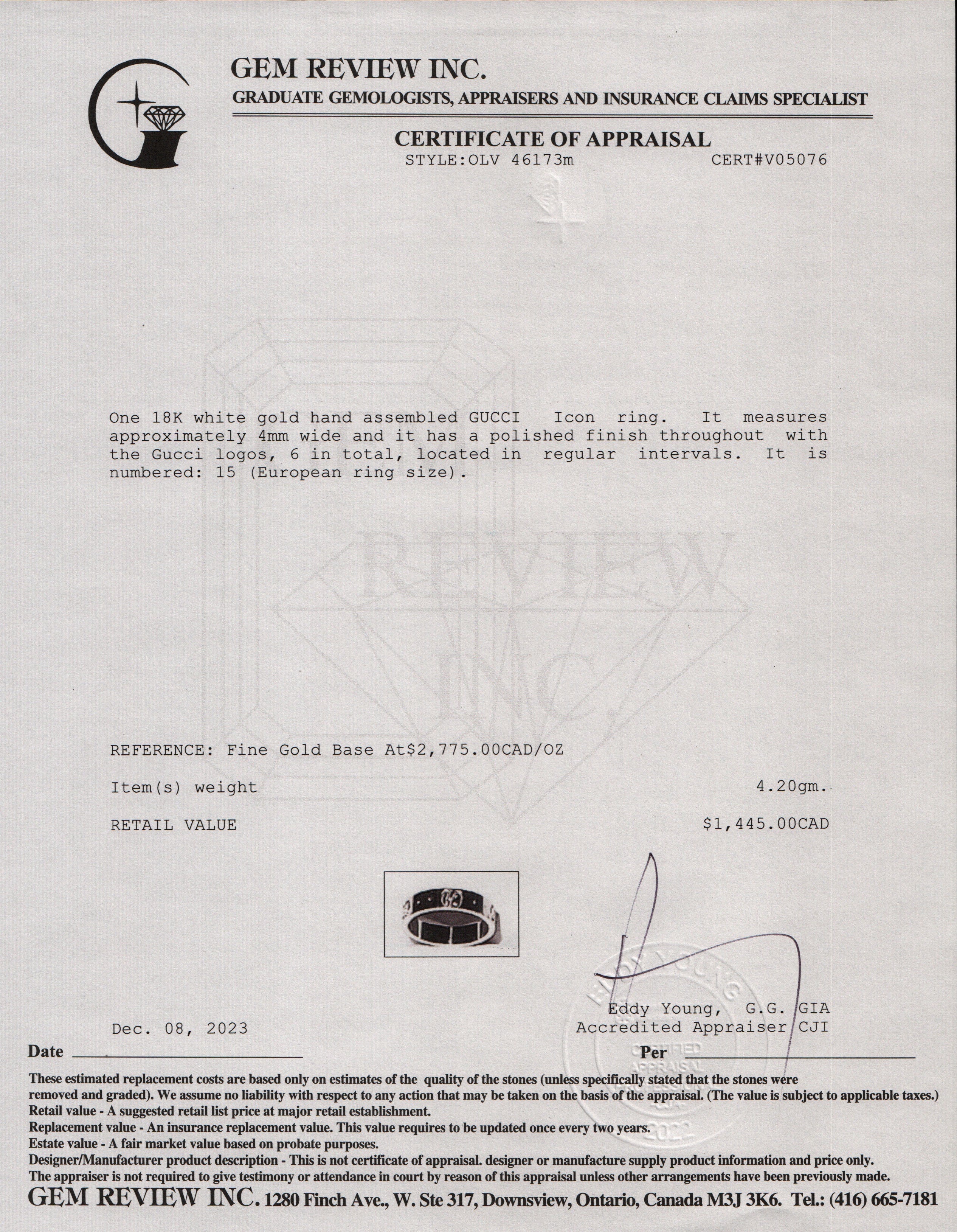 Gucci 18k White Gold Icon Thin Band 4 MM Ring, Size 15 7 w/ Box