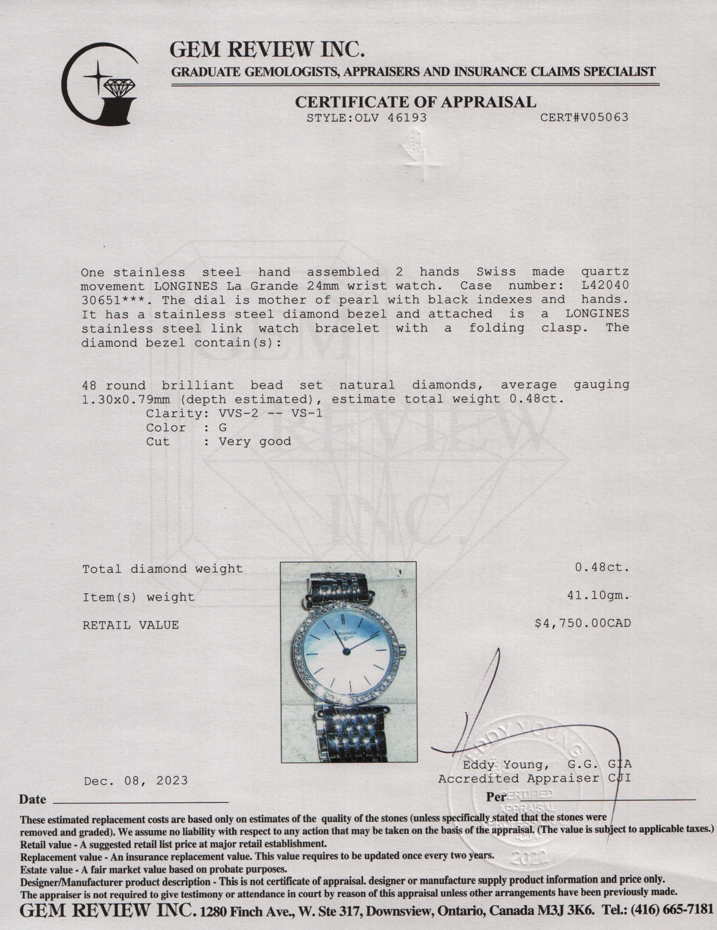 Longines Stainless Steel La Grande Diamond Bezel 24 MM Classique Watch