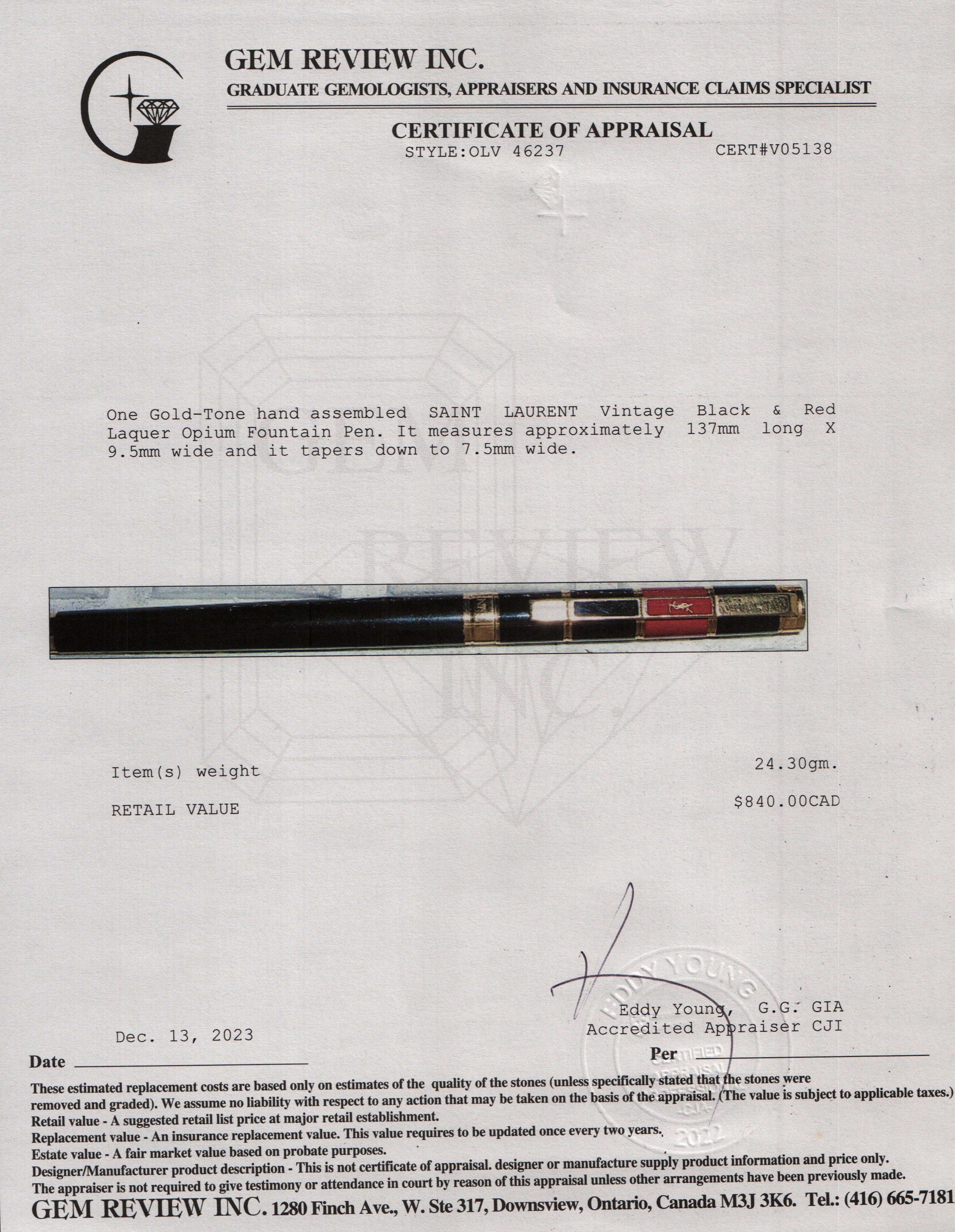 Saint Laurent Vintage Gold-Tone Black Lacquer Opium Fontain Pen