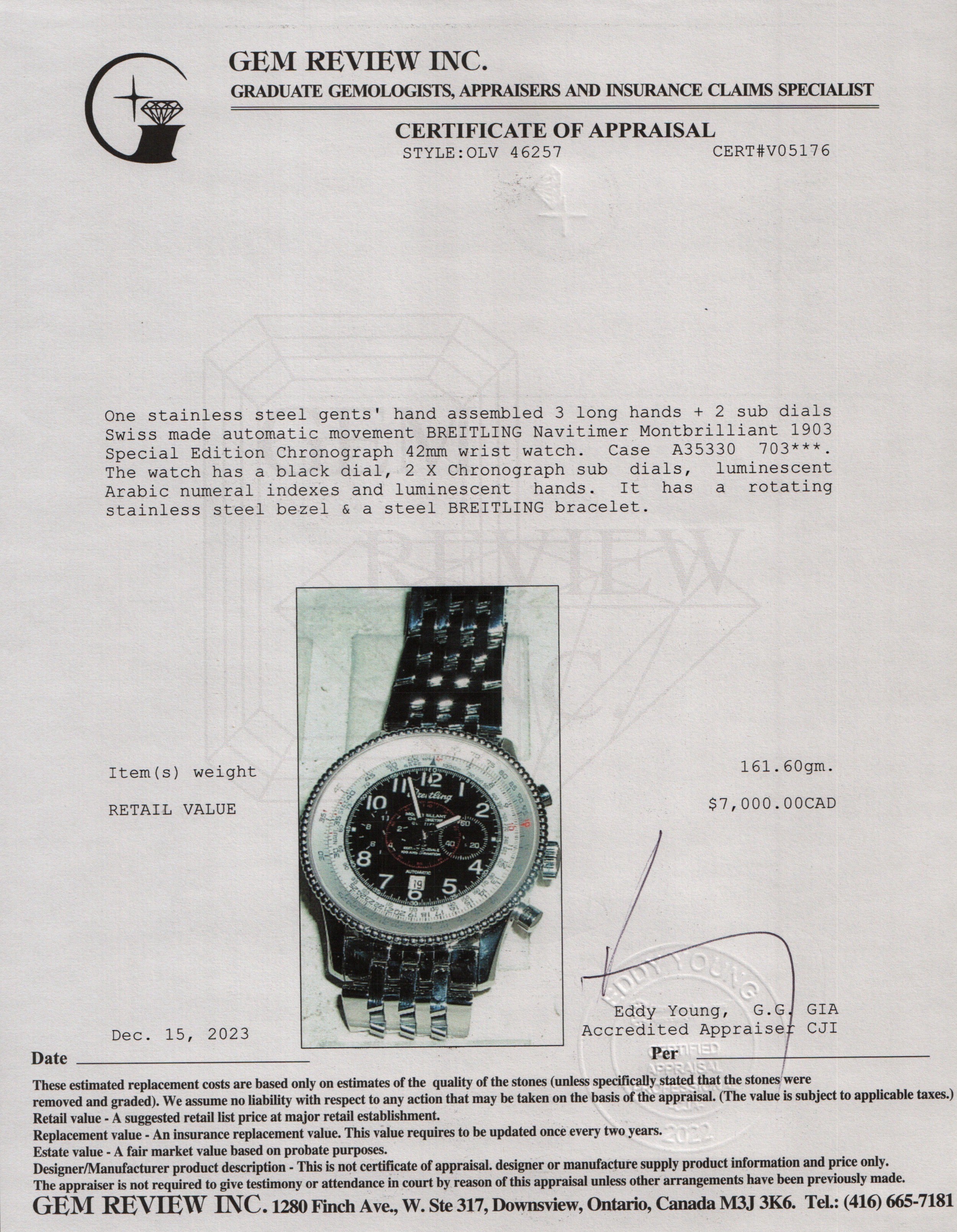 Breitling Stainless Steel Navitimer Montbrillant 1903 Special Edition 42 MM Automatic Chronograph Watch w/ Box & Papers