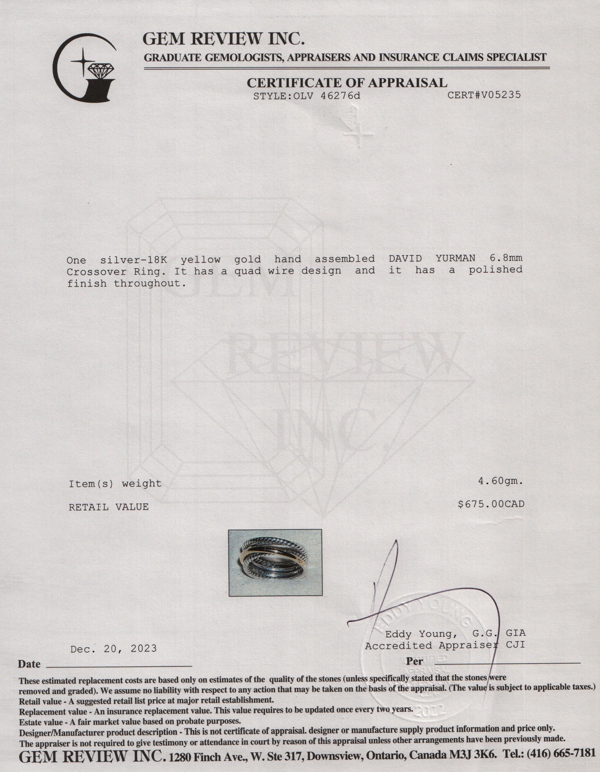 David Yurman Sterling Silver & 18k Yellow Gold 6.8 MM Crossover Ring, Size 5