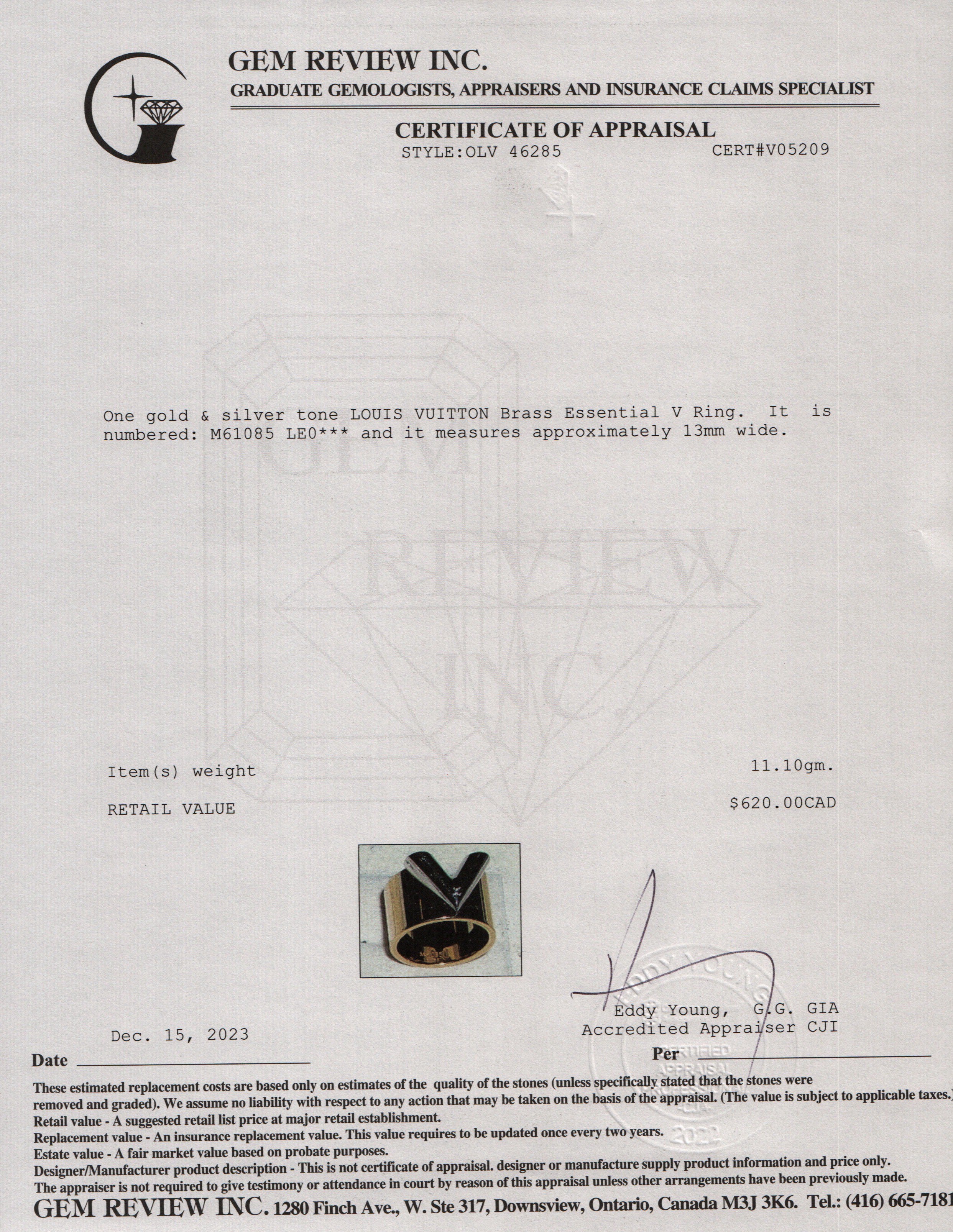 Louis Vuitton Gold & Silver Tone Brass Essential V Ring, Size 7