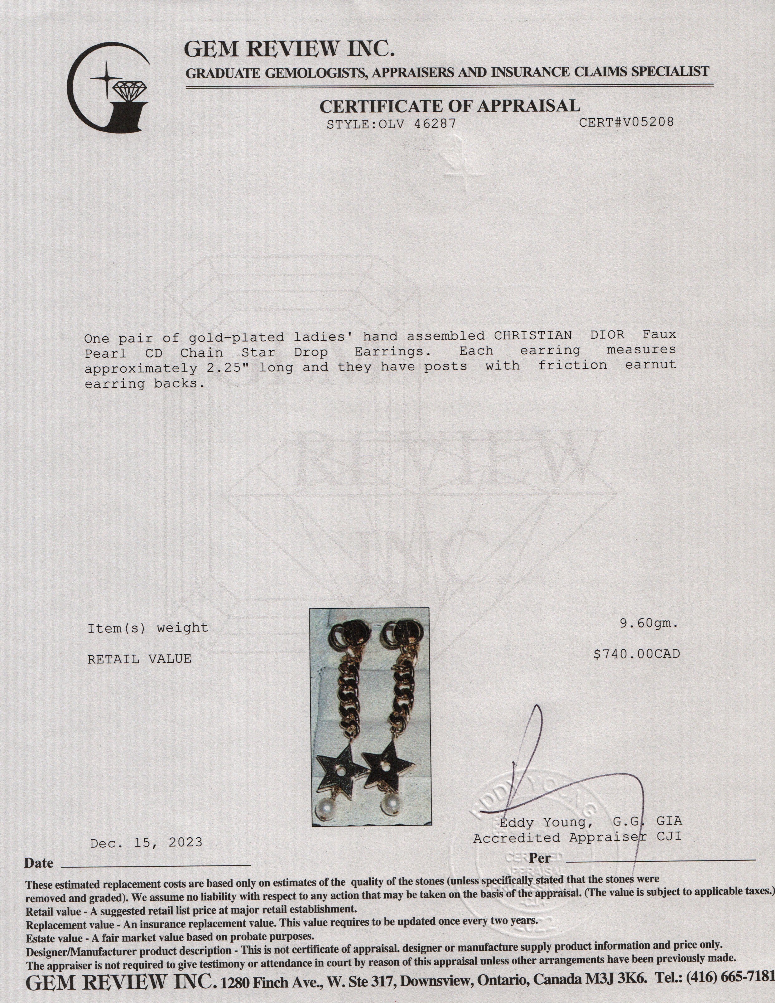 Christian Dior Gold Plated Faux Pearl CD Chain Star Drop Earrings