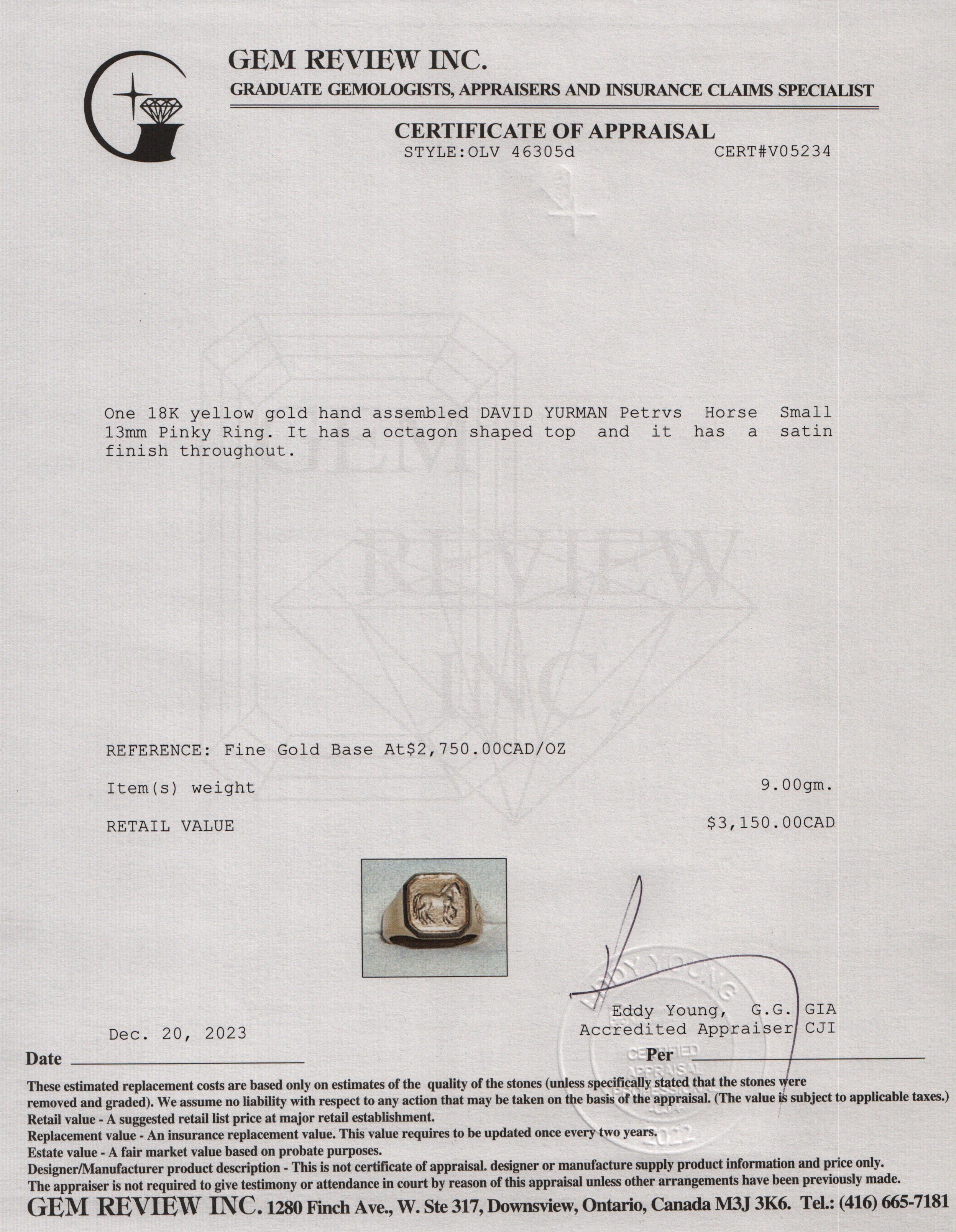 David Yurman 18k Yellow Gold Petrvs Horse Small 13 MM Pinky Ring, Size 5