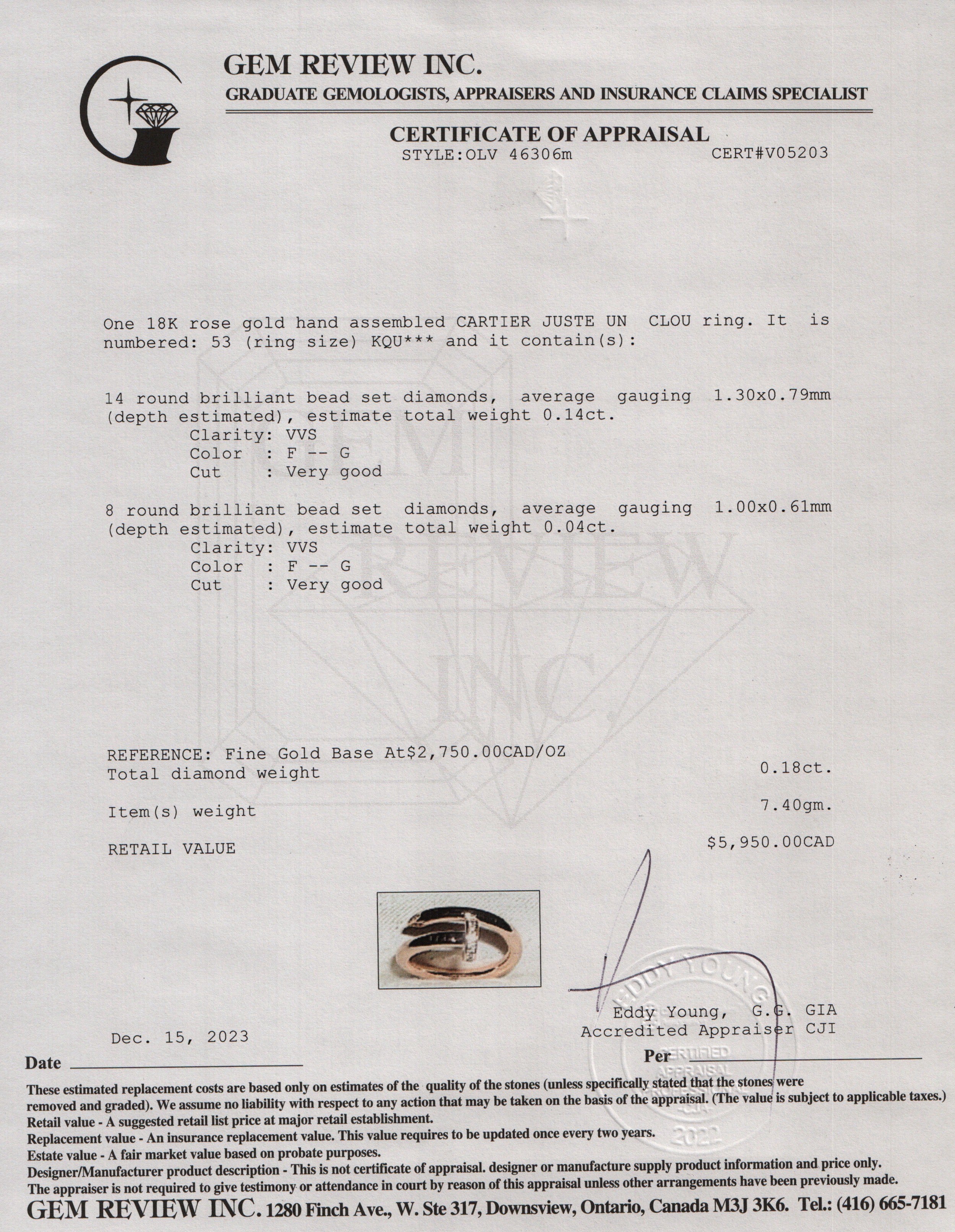 Cartier 18k Rose Gold Diamond Juste Un Clou Ring, Size 53 6.25 w/ Box & Certificate