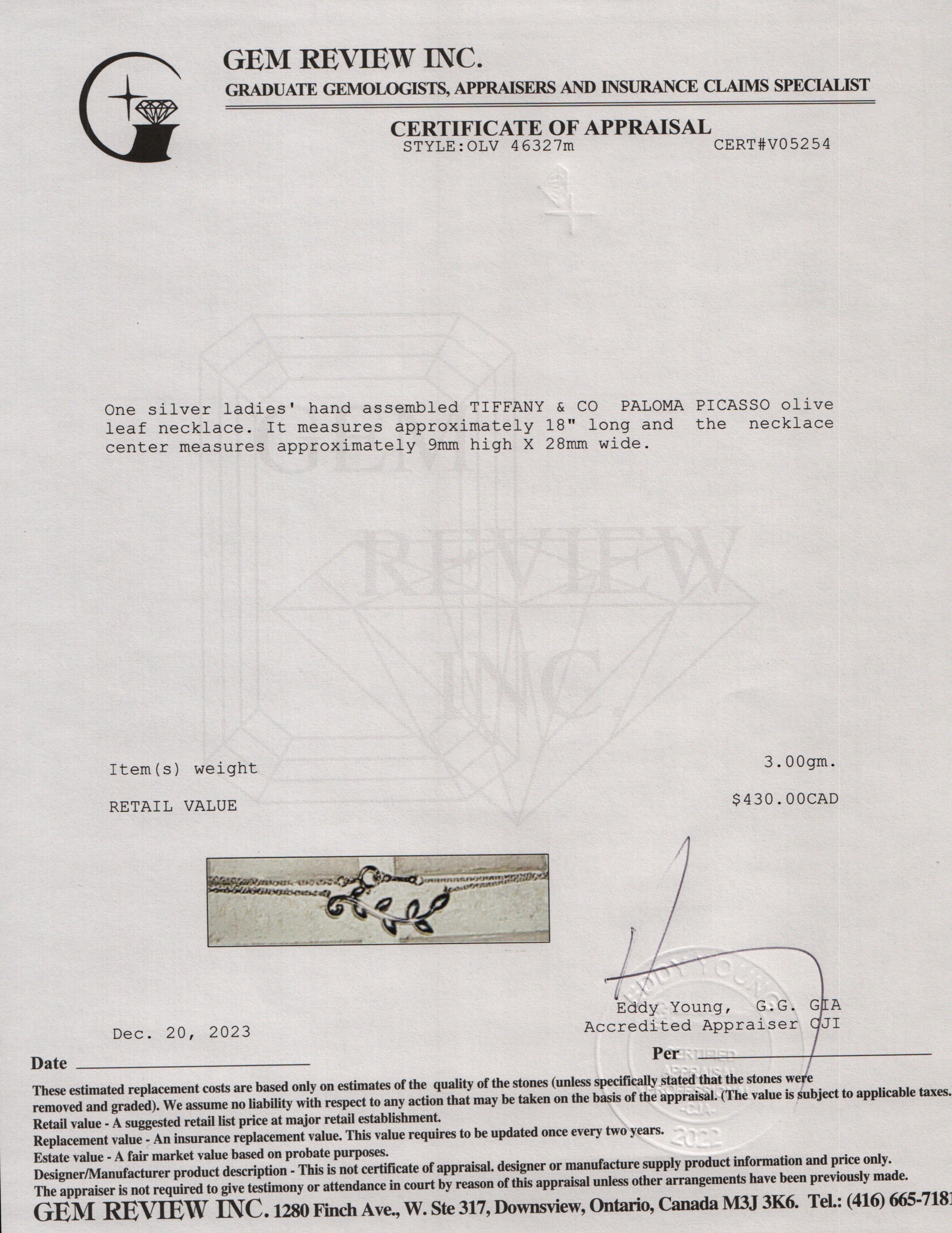 Tiffany & Co. Paloma Picasso Sterling Silver Olive Leaf Vine Pendant Necklace