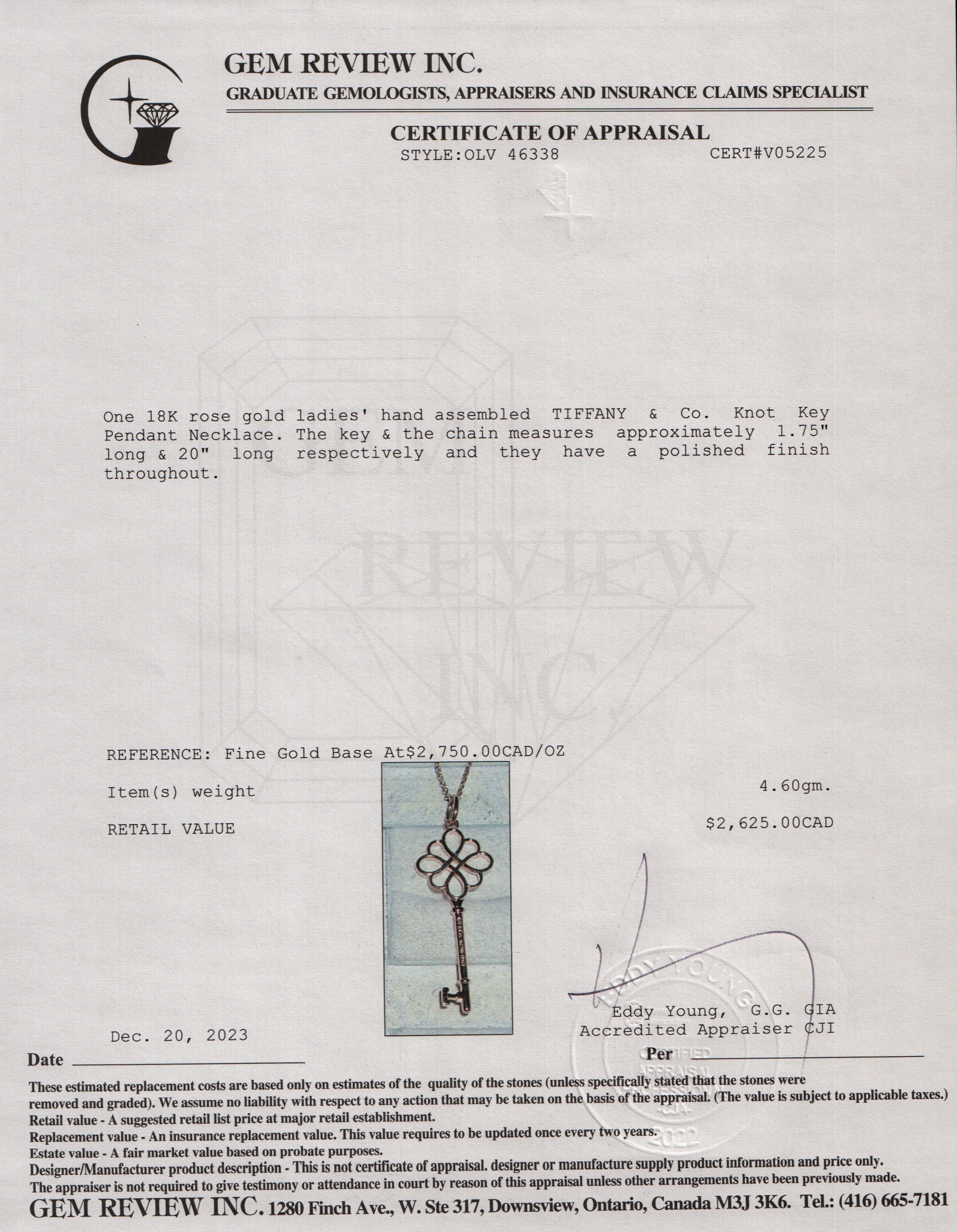 Tiffany & Co. 18k Rose Gold Knot Key Pendant Necklace