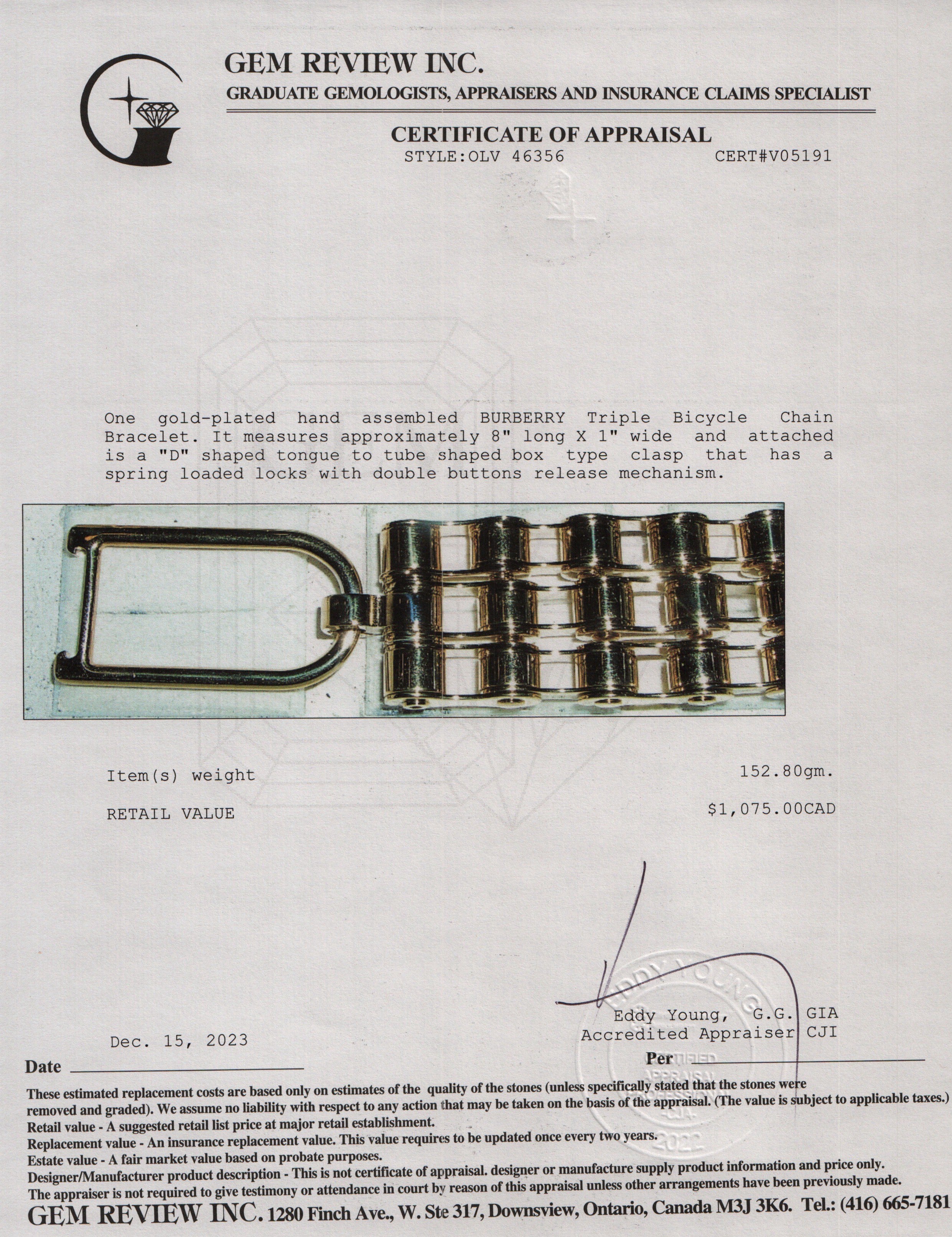 Burberry Gold-Plated Metal Triple Bicycle Chain Bracelet w/ Box