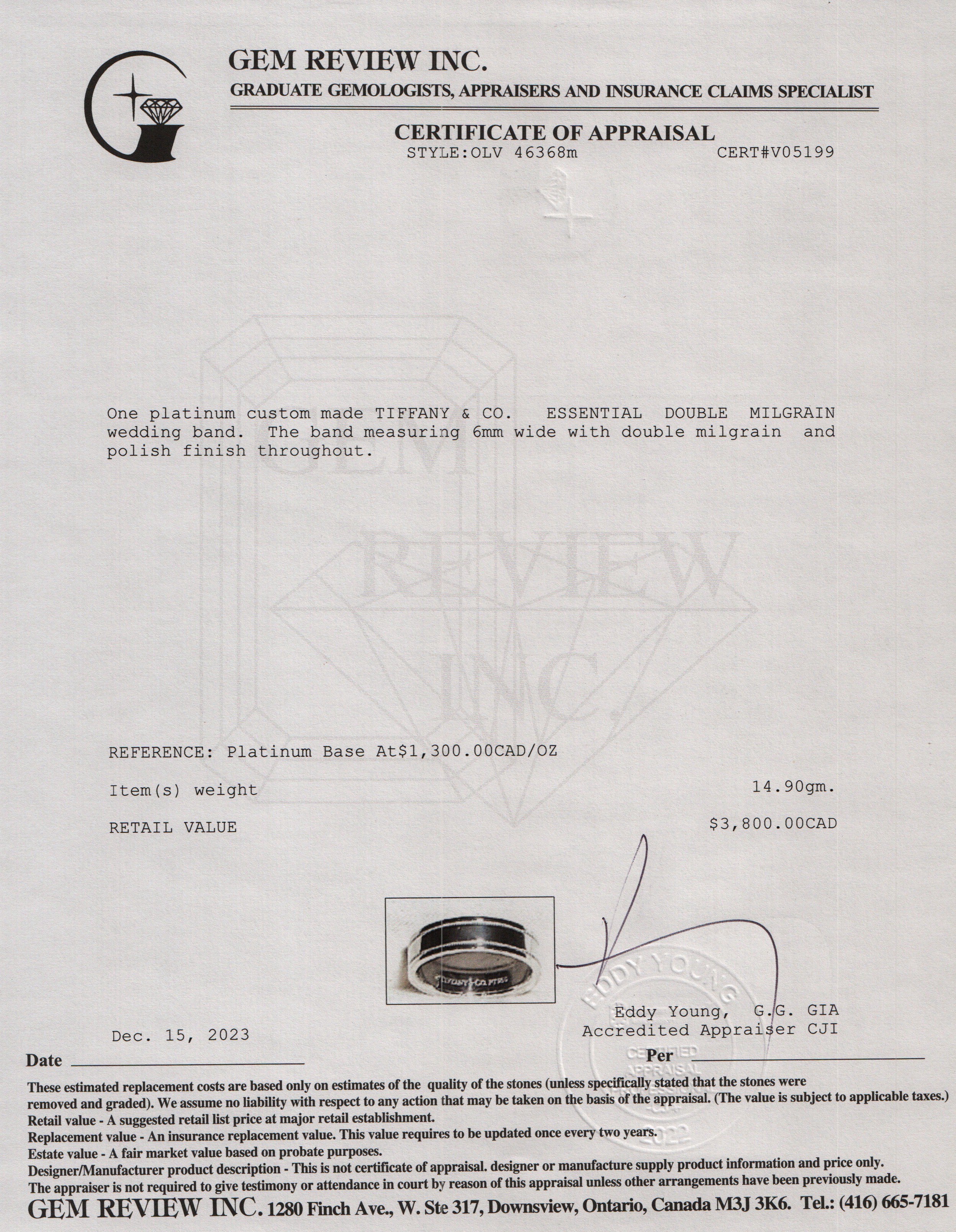 Tiffany & Co. Platinum Double Milgrain 6MM Wedding Band Ring, Size 10