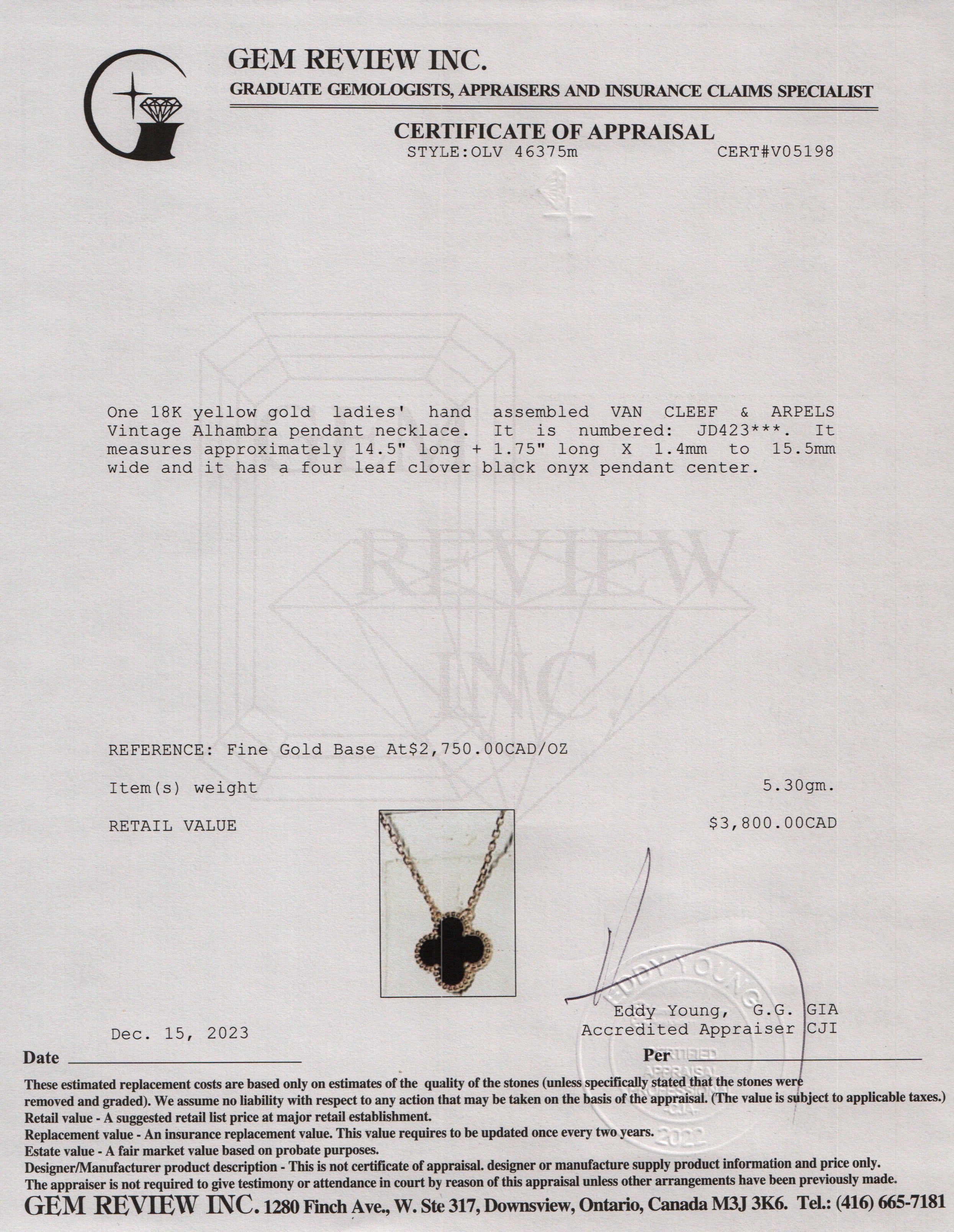 Van Cleef & Arpels 18k Yellow Gold Vintage Alhambra Black Onyx Pendant Necklace w/ Box, Certificate & Receipt