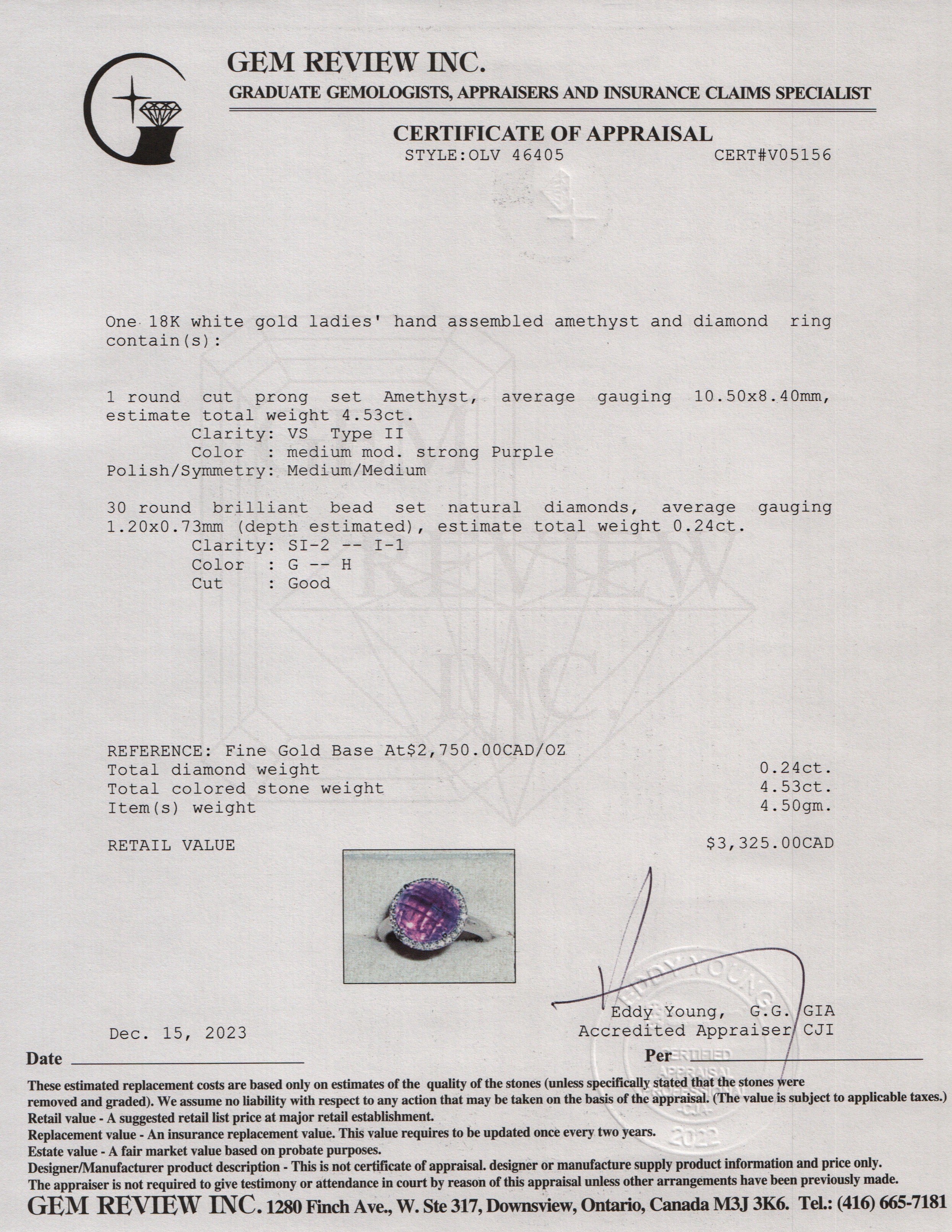 18k White Gold Amethyst & Diamond Cocktail Ring, Size 6