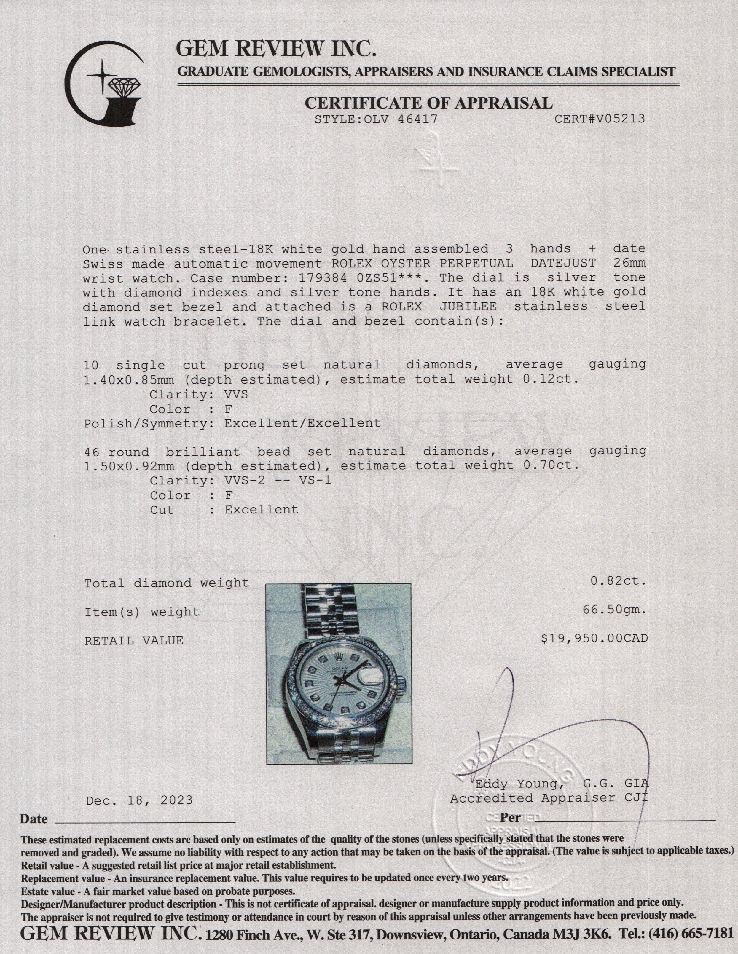 Rolex Stainless Steel Diamond Bezel & Dial Datejust 26 MM Watch w/ Box & Papers