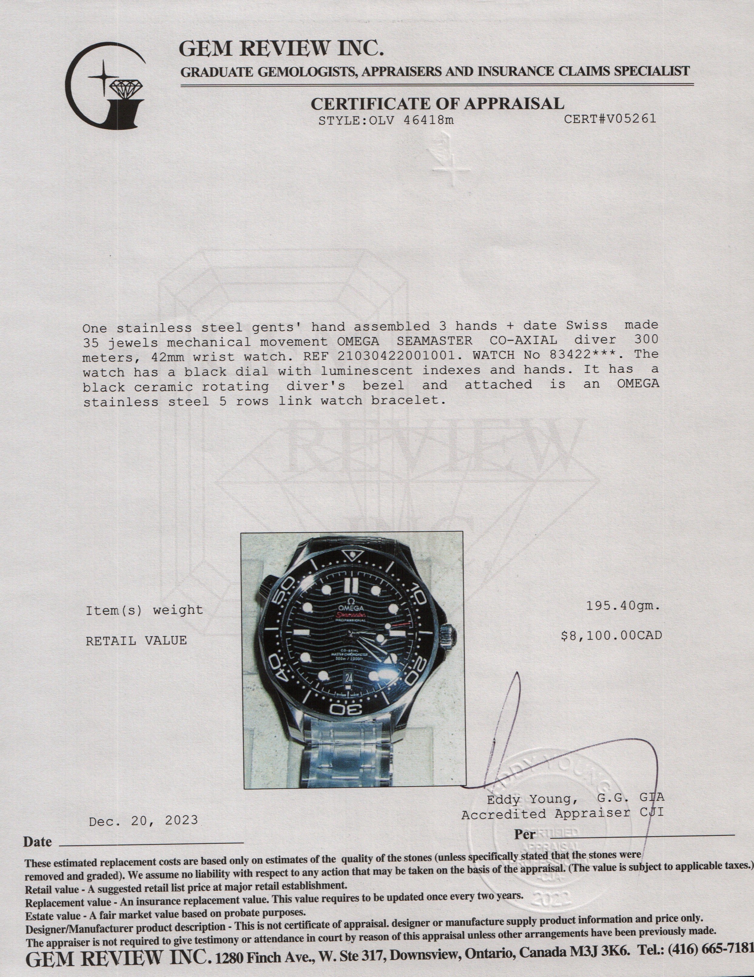 Omega 2022 Stainless Steel Seamaster Diver 300M Co-Axial Chronometer 42 MM Watch w/ Box & Papers