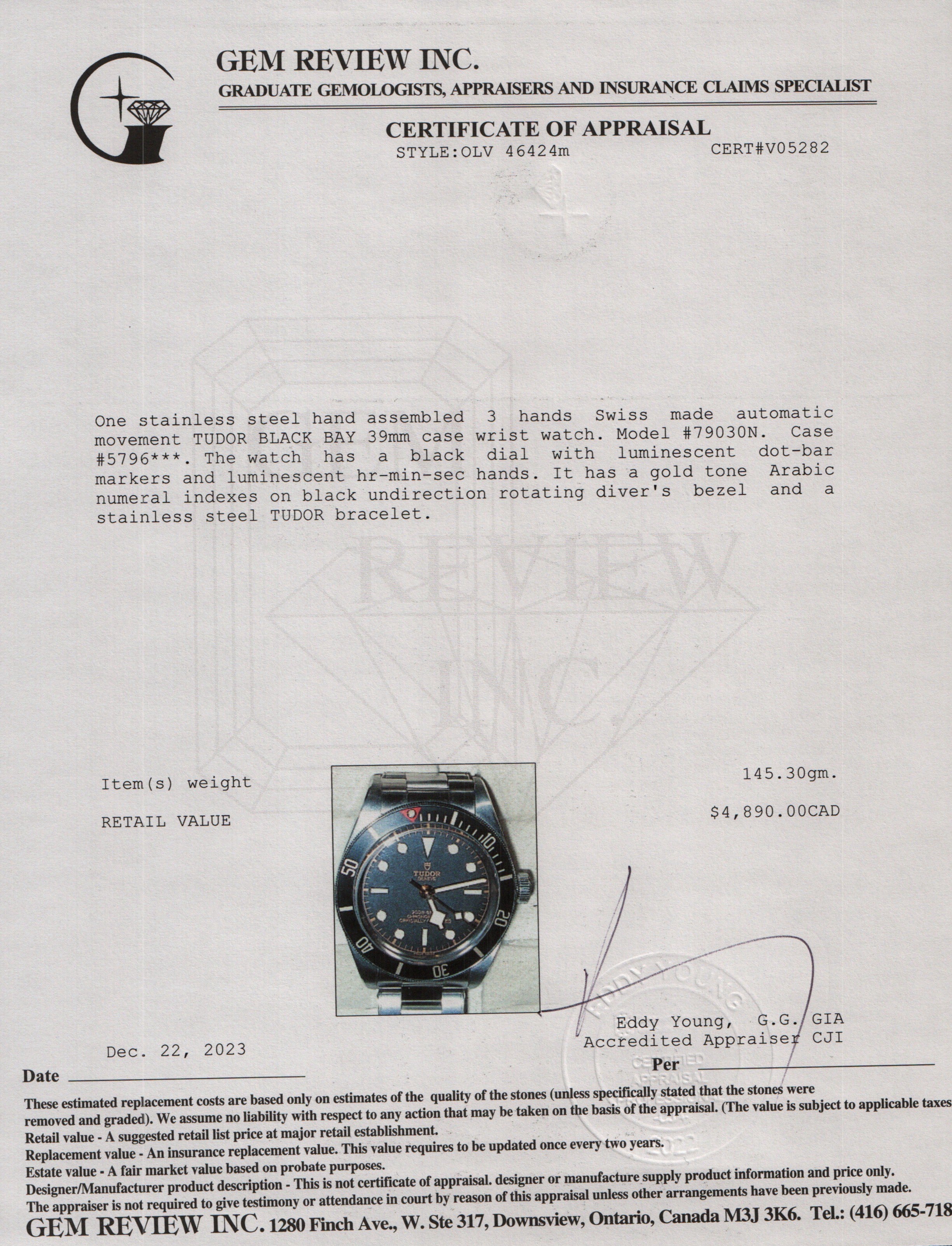 Tudor Stainless Steel Black Bay Fifty-Eight 39 MM Automatic Watch w/ Card