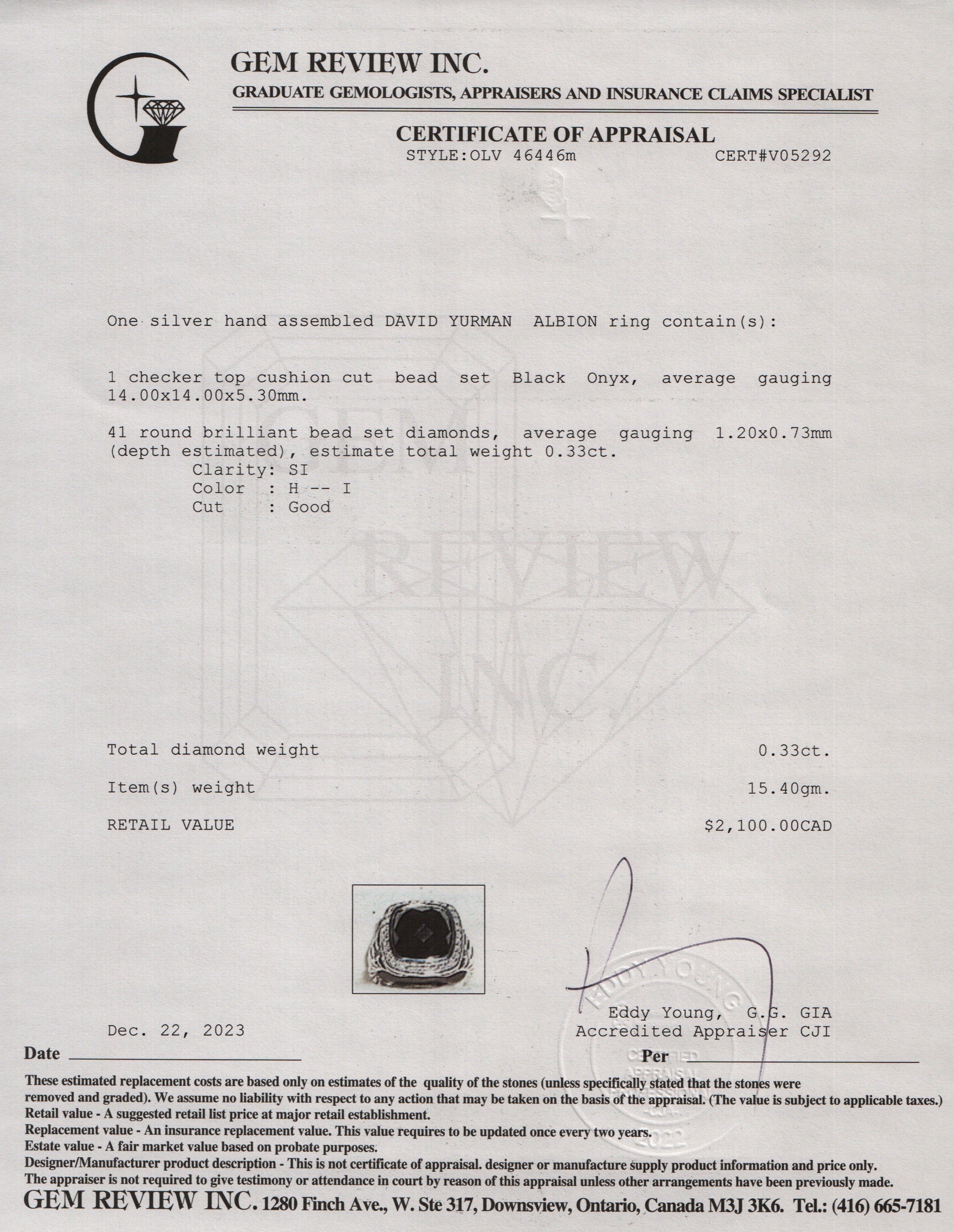 David Yurman Sterling Silver Onyx & Diamond Albion Ring, Size 9