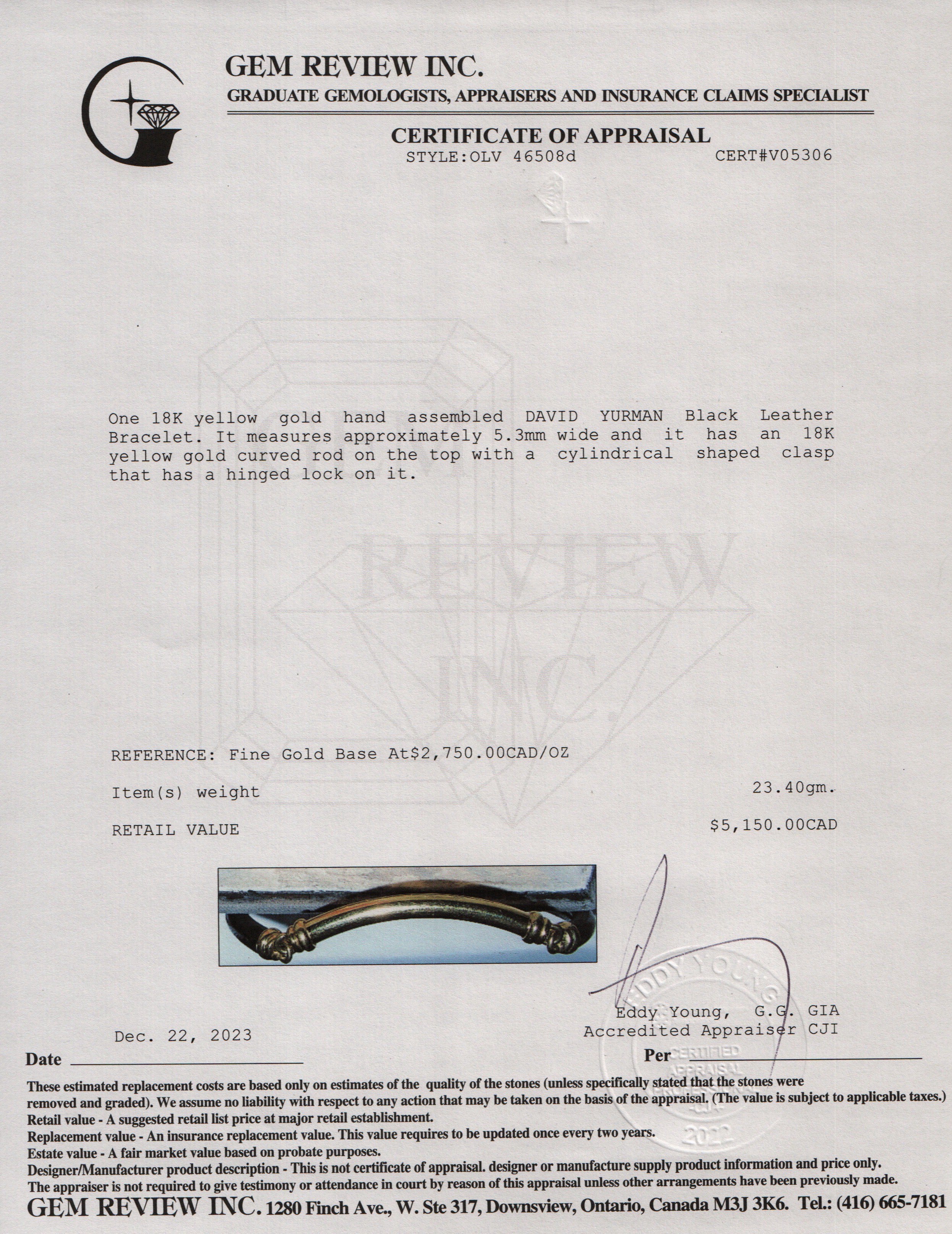 David Yurman 18k Yellow Gold Black Leather Bracelet