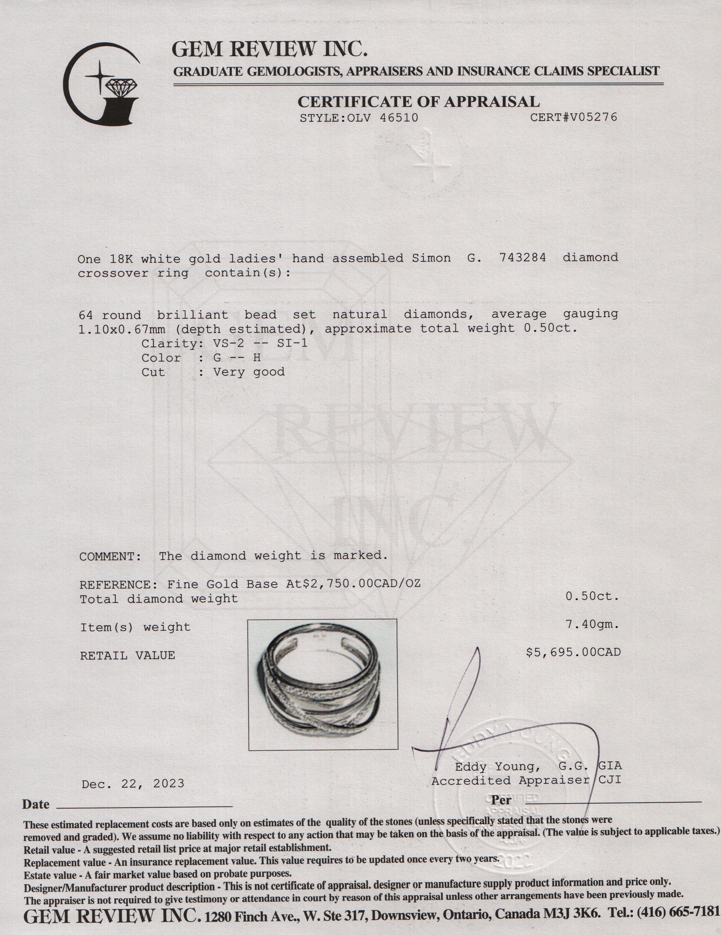 Simon G 18k White Gold Diamond Crossover Ring, Size 7