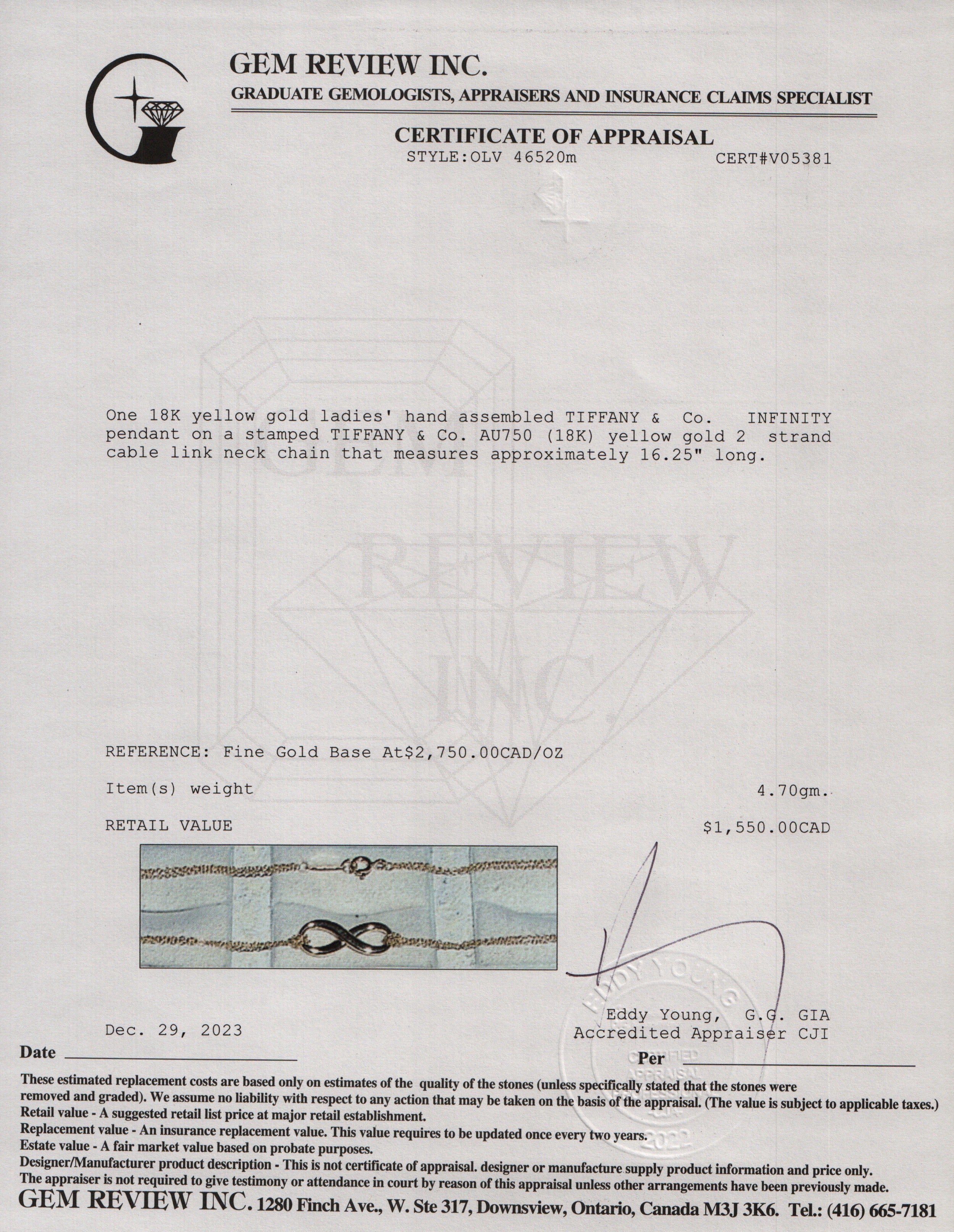 Tiffany & Co. 18k Yellow Gold Infinity Pendant Necklace