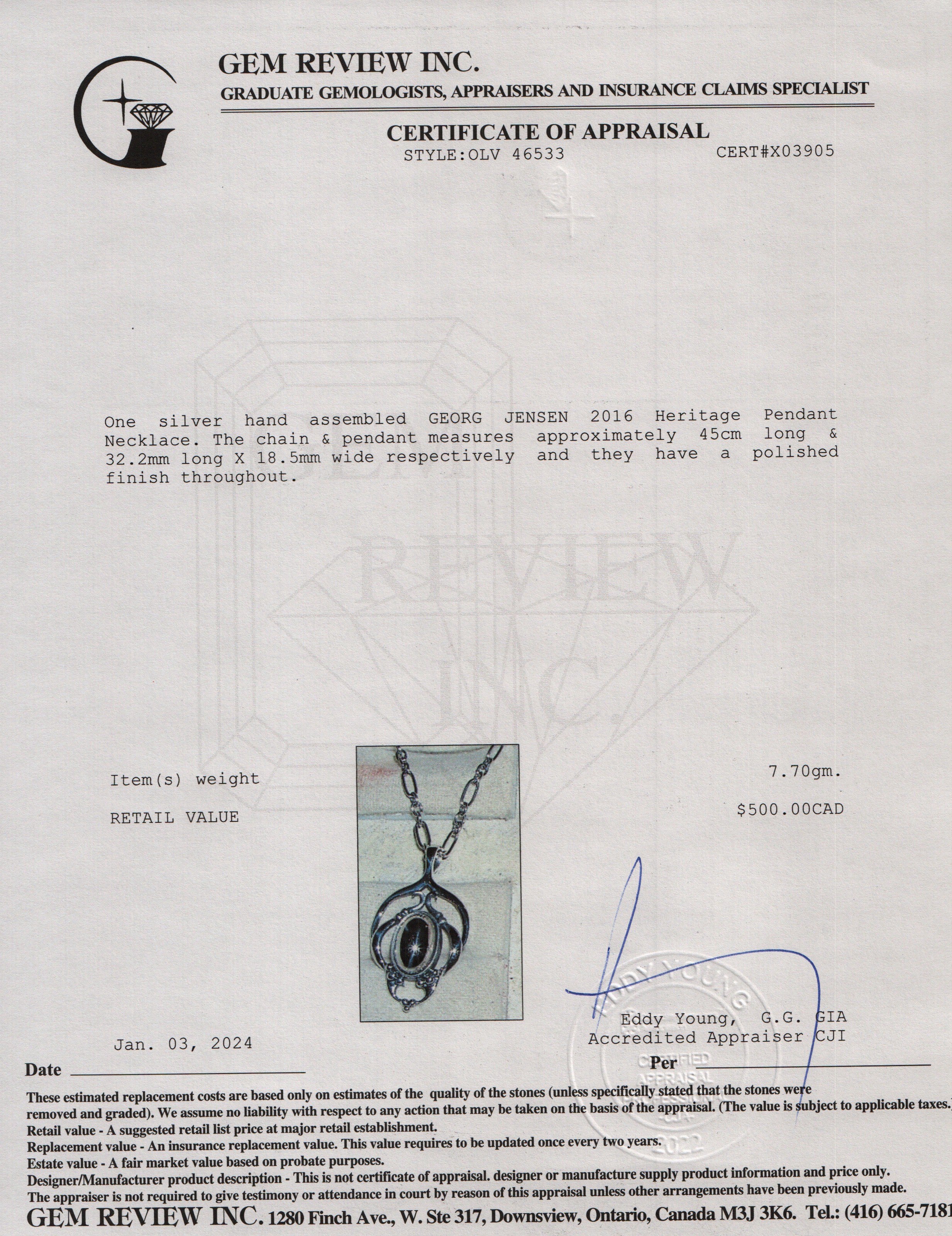 Georg Jensen Sterling Silver 2016 Heritage Pendant Necklace w/ Box