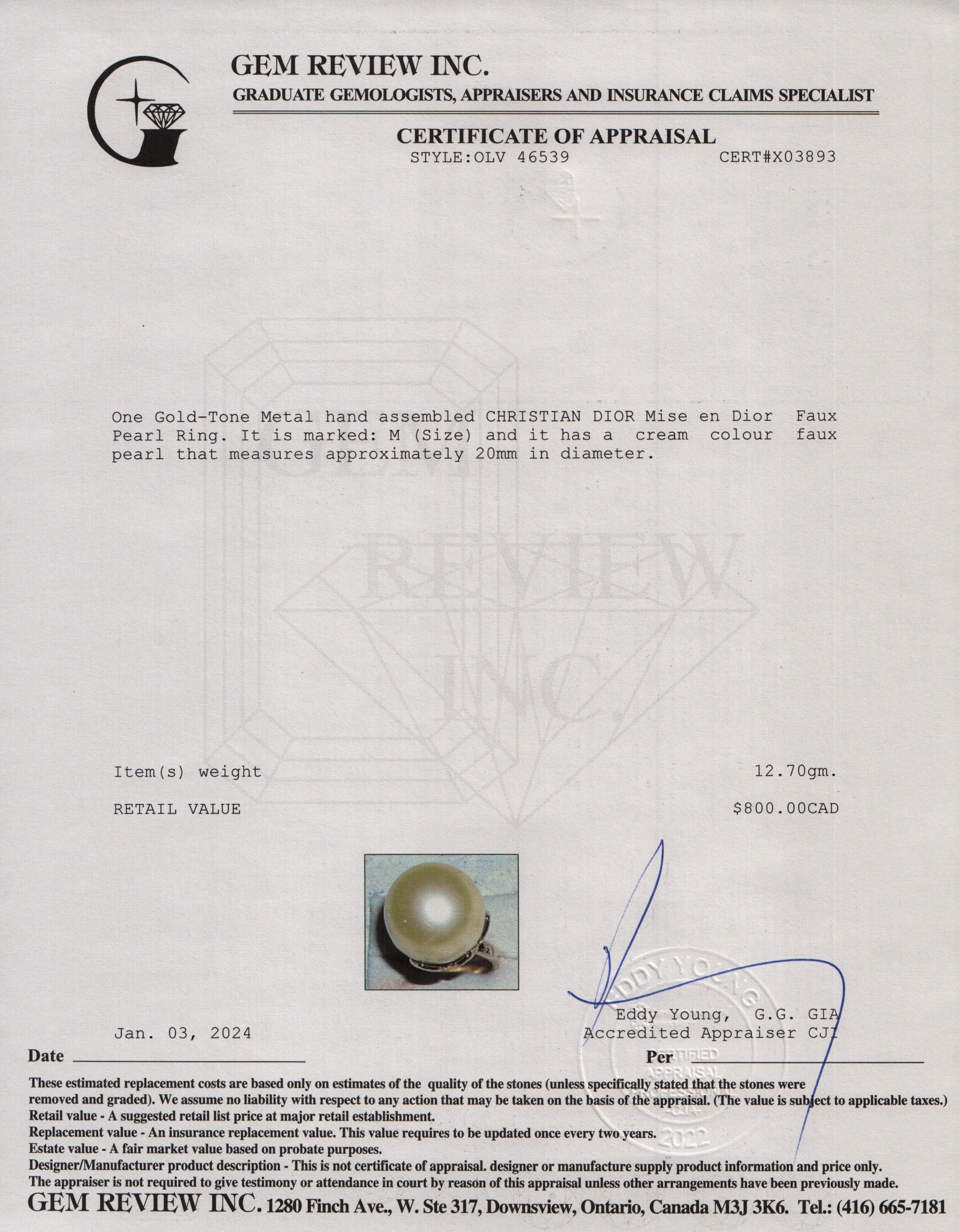 Christian Dior Gold Tone Metal Mise en Dior Faux Pearl Ring, M Size 5.75