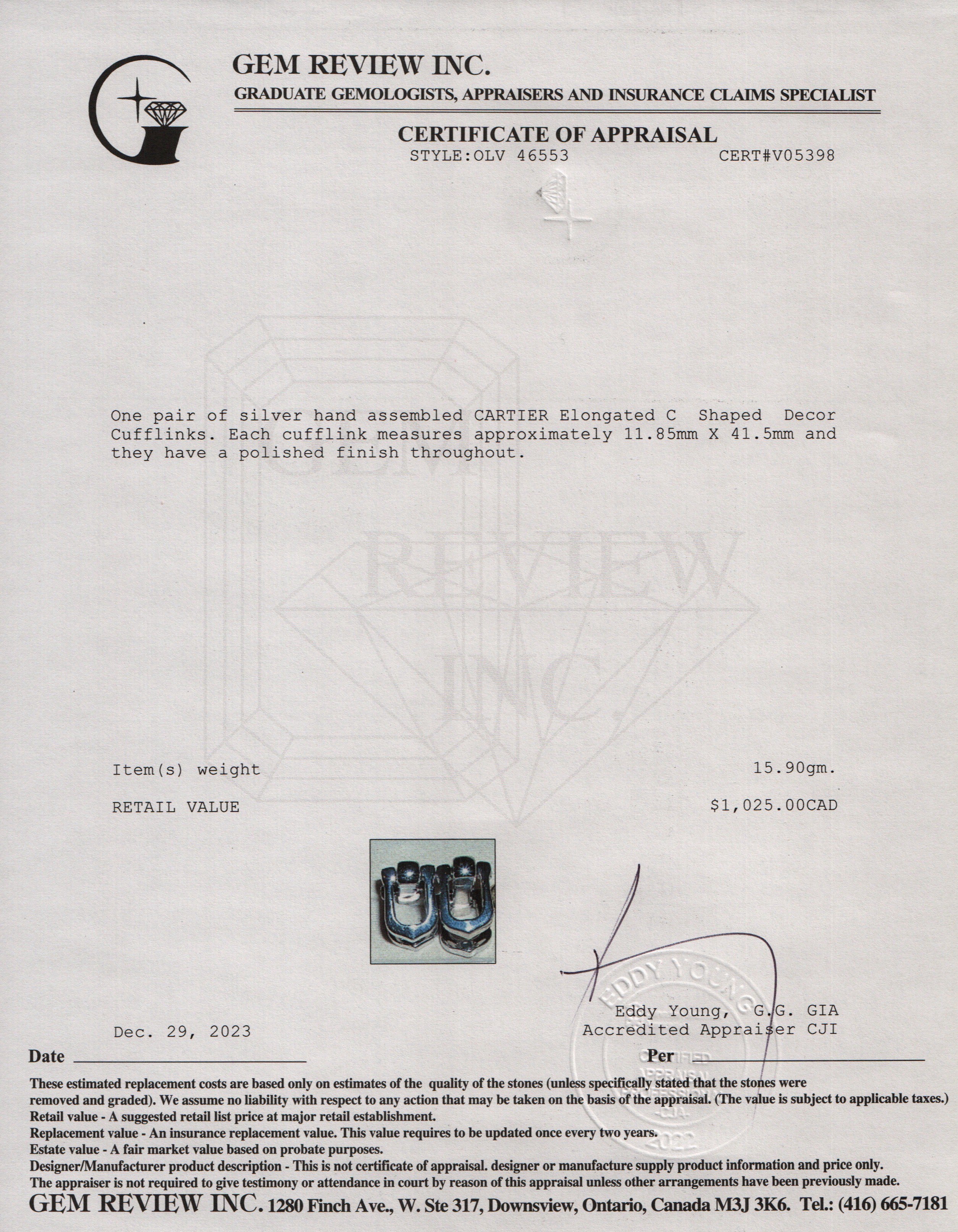 Cartier Sterling Silver Elongated C Shaped Decor Cufflinks w/ Box & Certificate