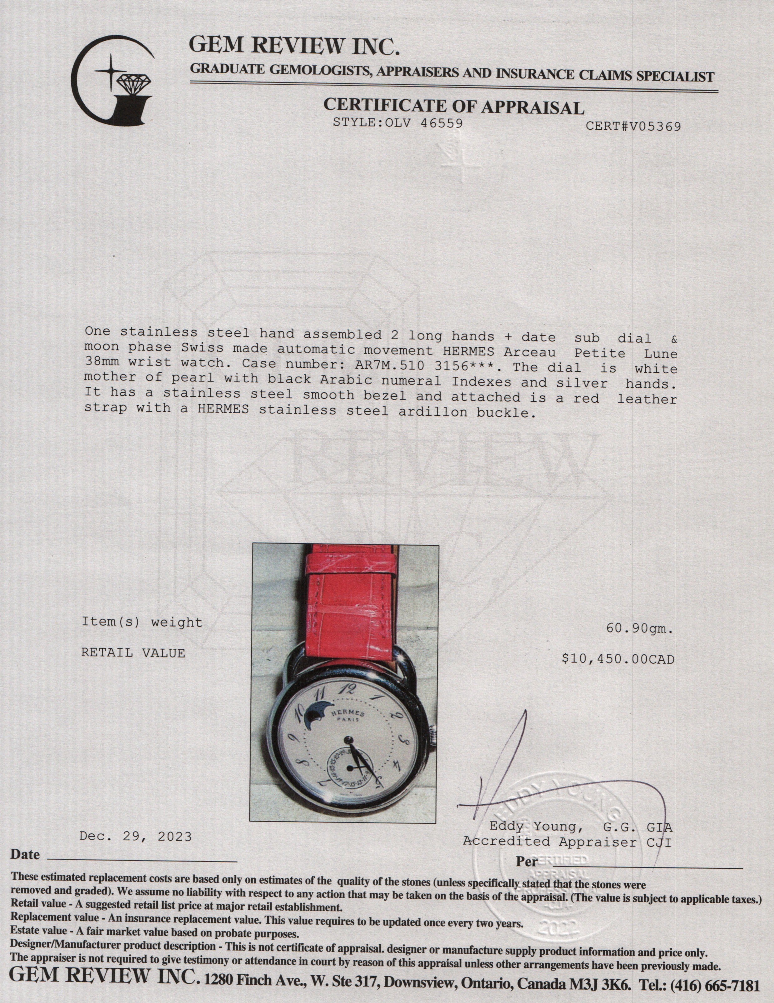 Hermes Stainless Steel Arceau Petite Lune 38 MM Automatic Watch w/ Box