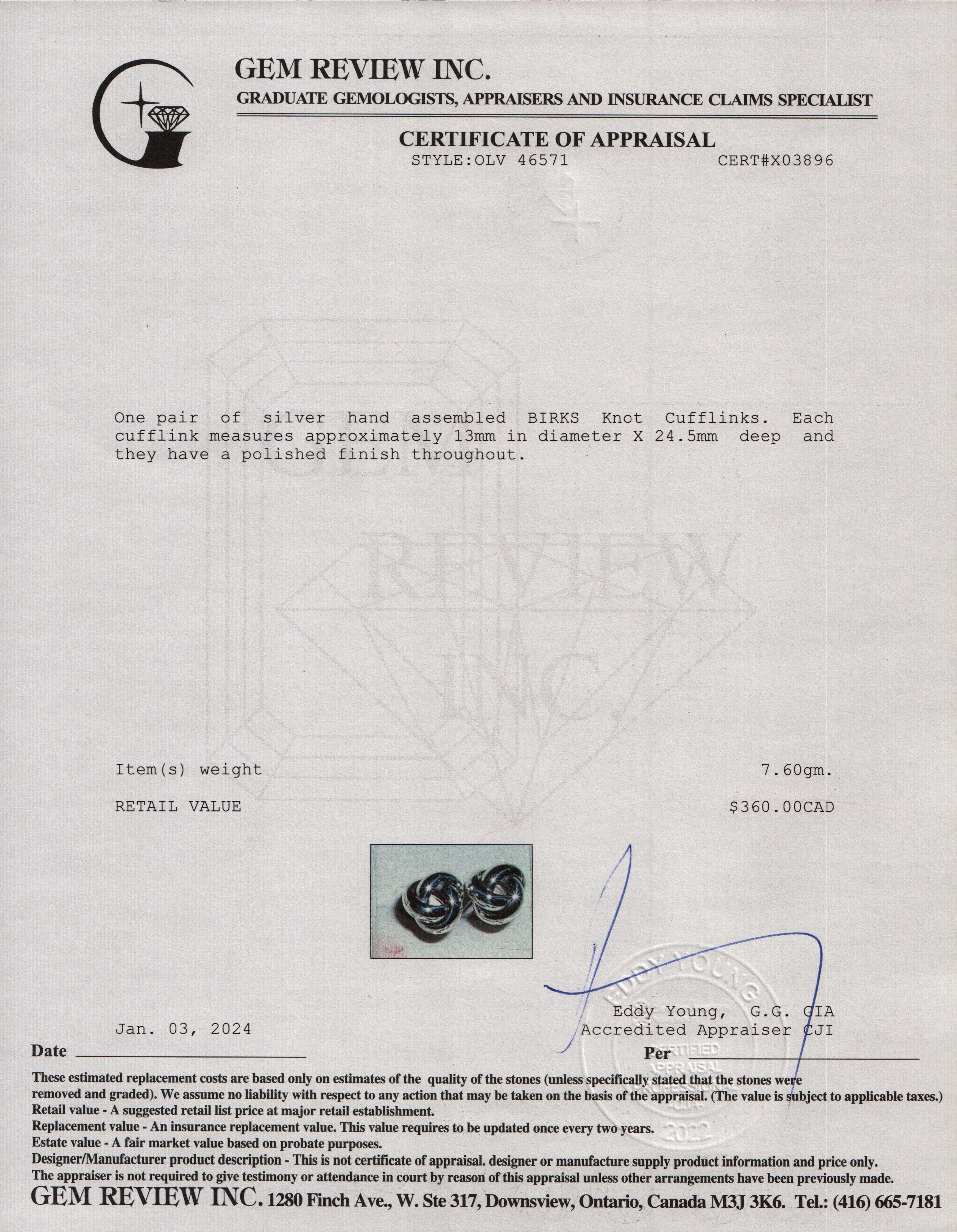 Birks Sterling Silver Knot Cufflinks