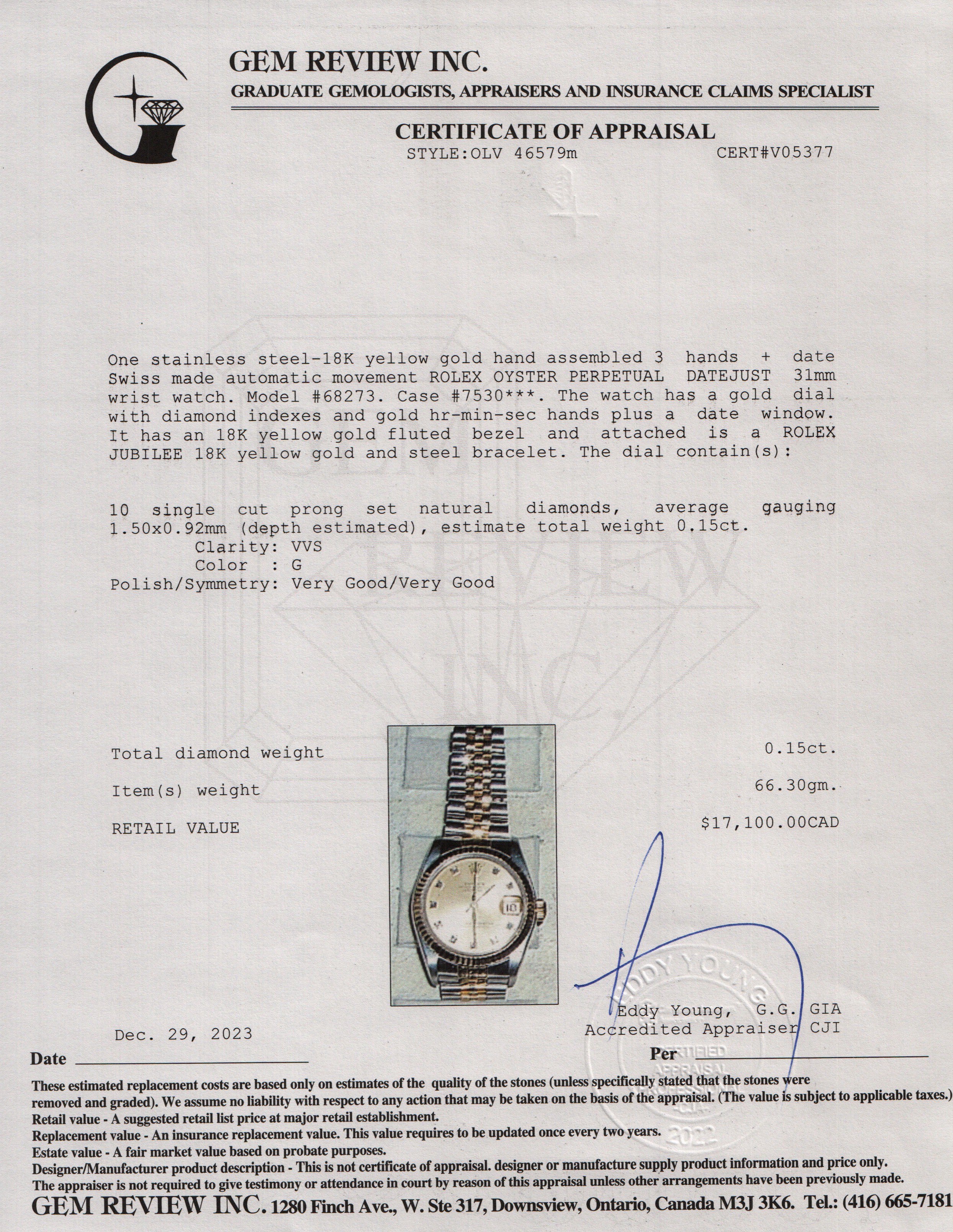 Rolex Stainless Steel & 18k Yellow Gold Diamond Dial Datejust 31 MM Watch w/ Box