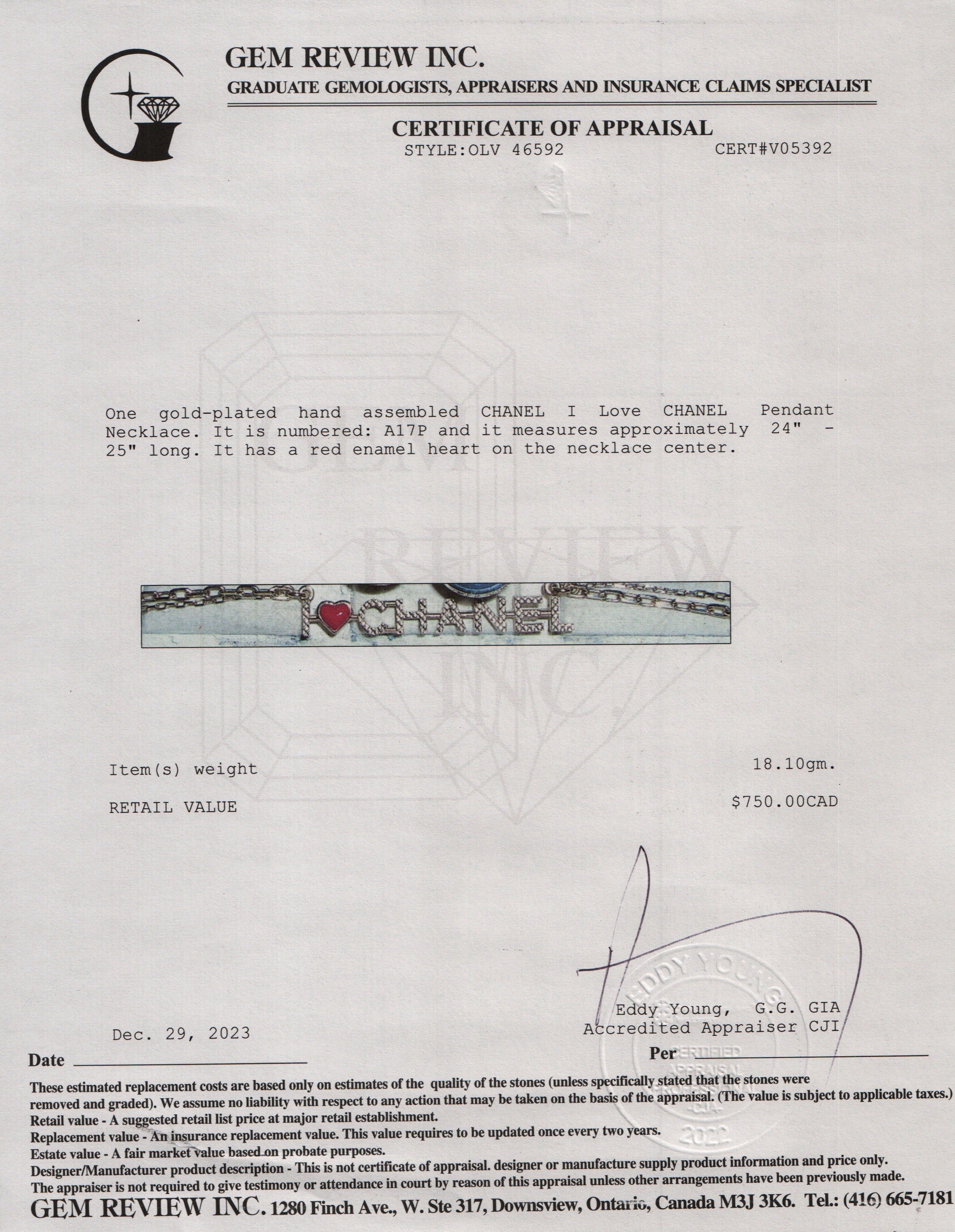 Chanel Gold Plated I Love Chanel Pendant Necklace w/ Box