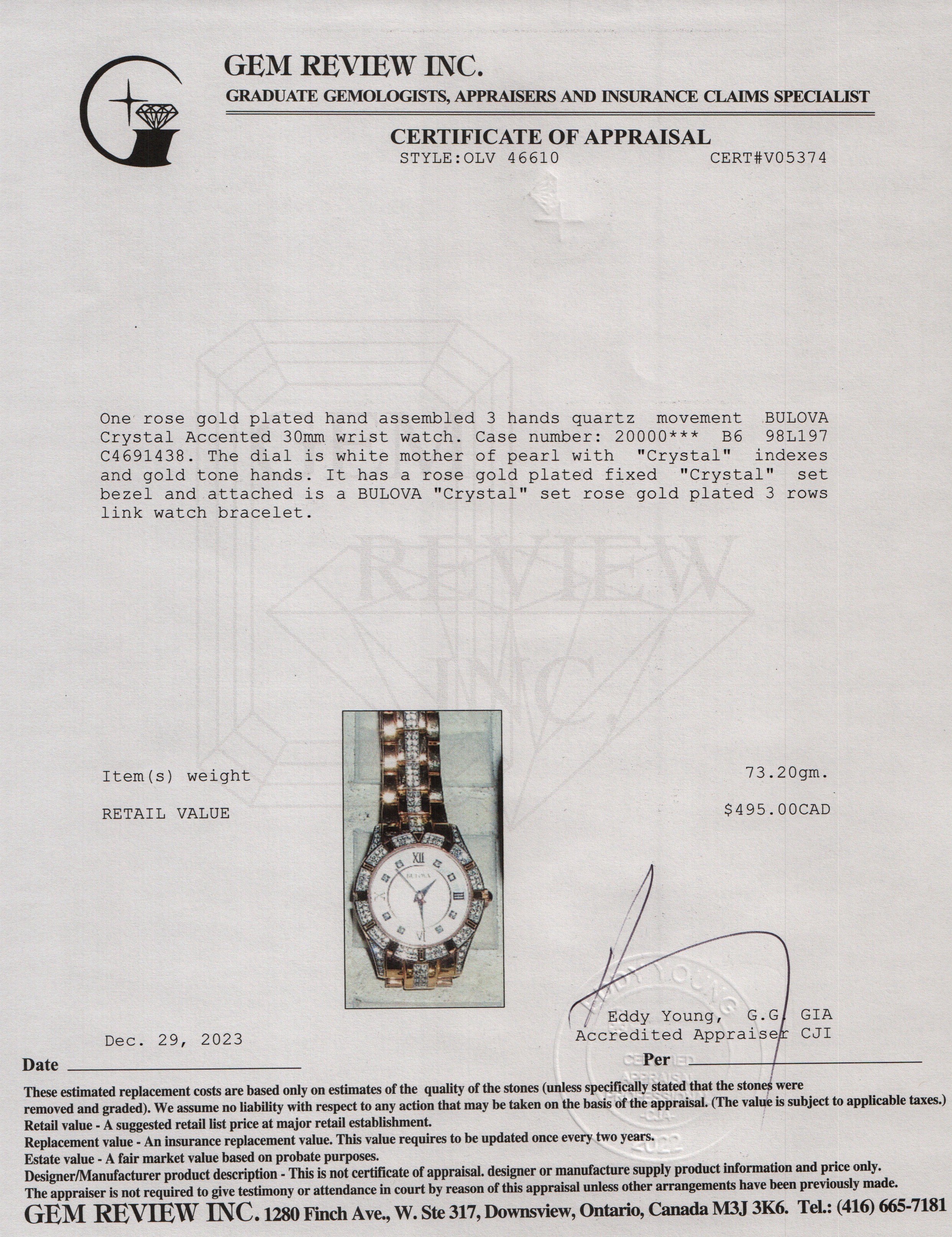 Bulova Rose Gold Plated Stainless Steel Crystal Accent 30.5 MM Quartz Watch