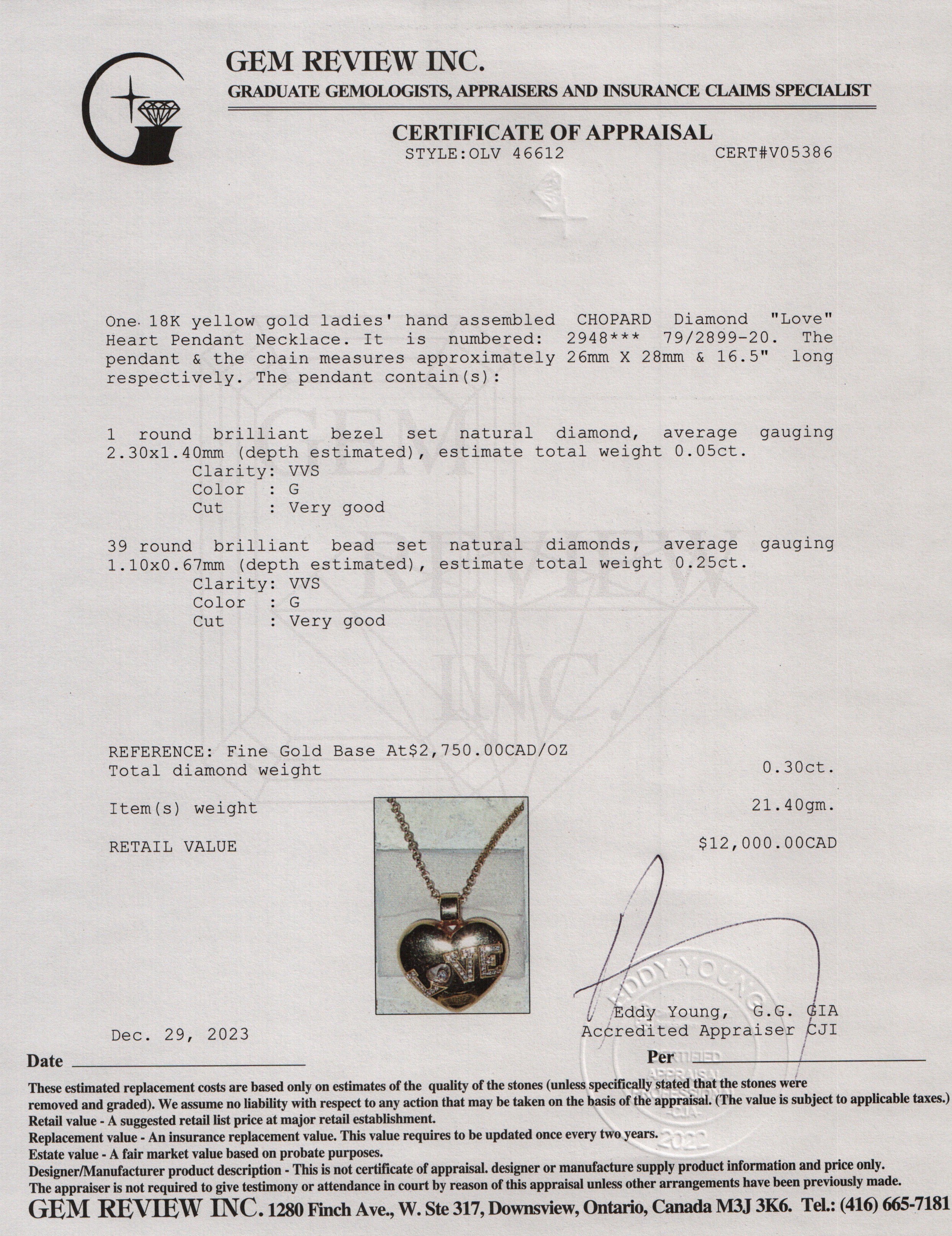 Chopard 18k Yellow Gold Diamond "Love" Heart Pendant Necklace