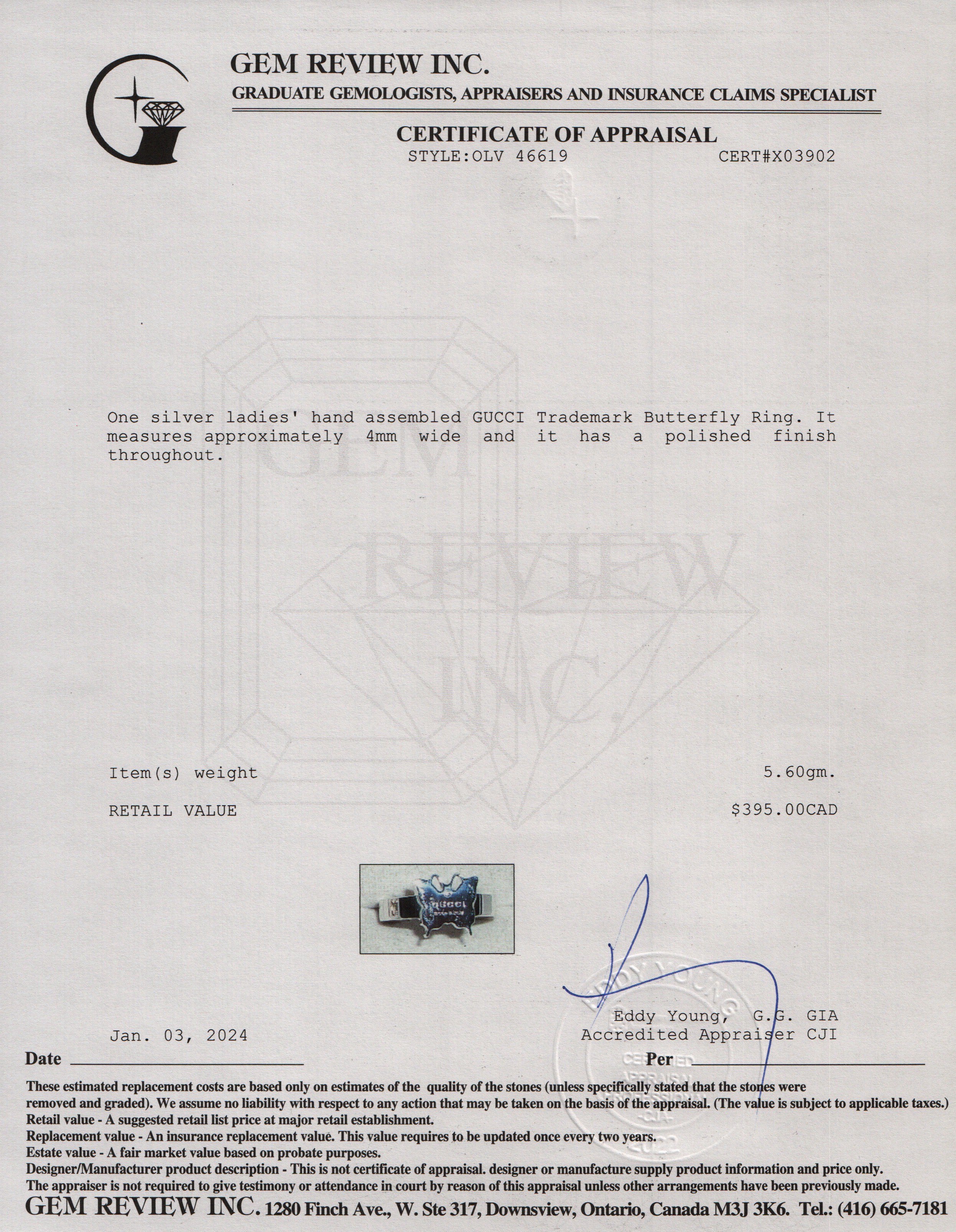 Gucci Sterling Silver Trademark Butterfly Ring, Size 6.75