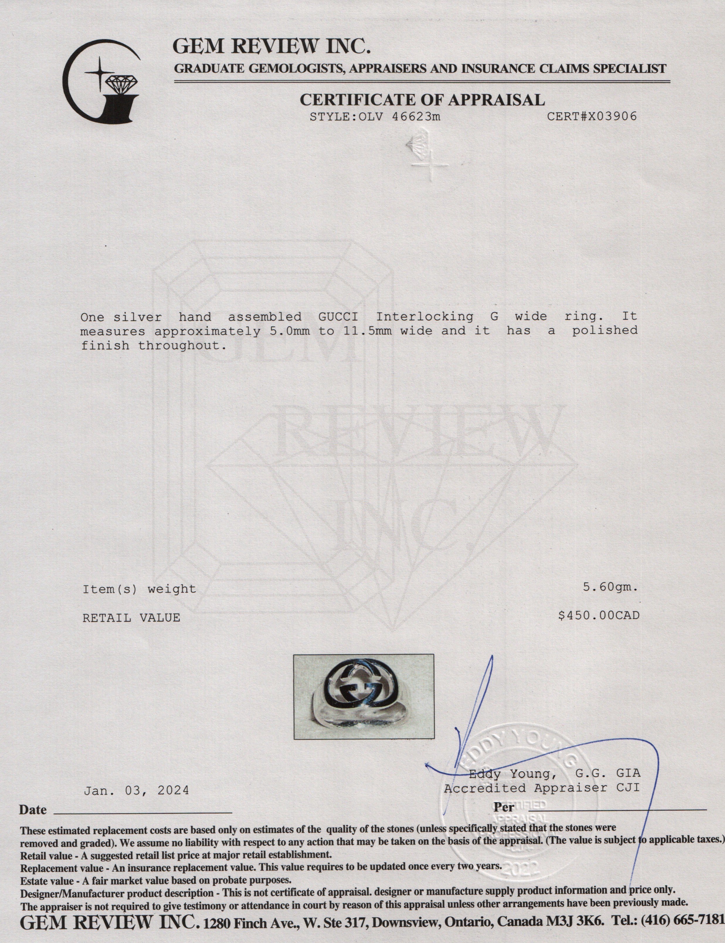 Gucci Sterling Silver Interlocking G Ring, Size 8