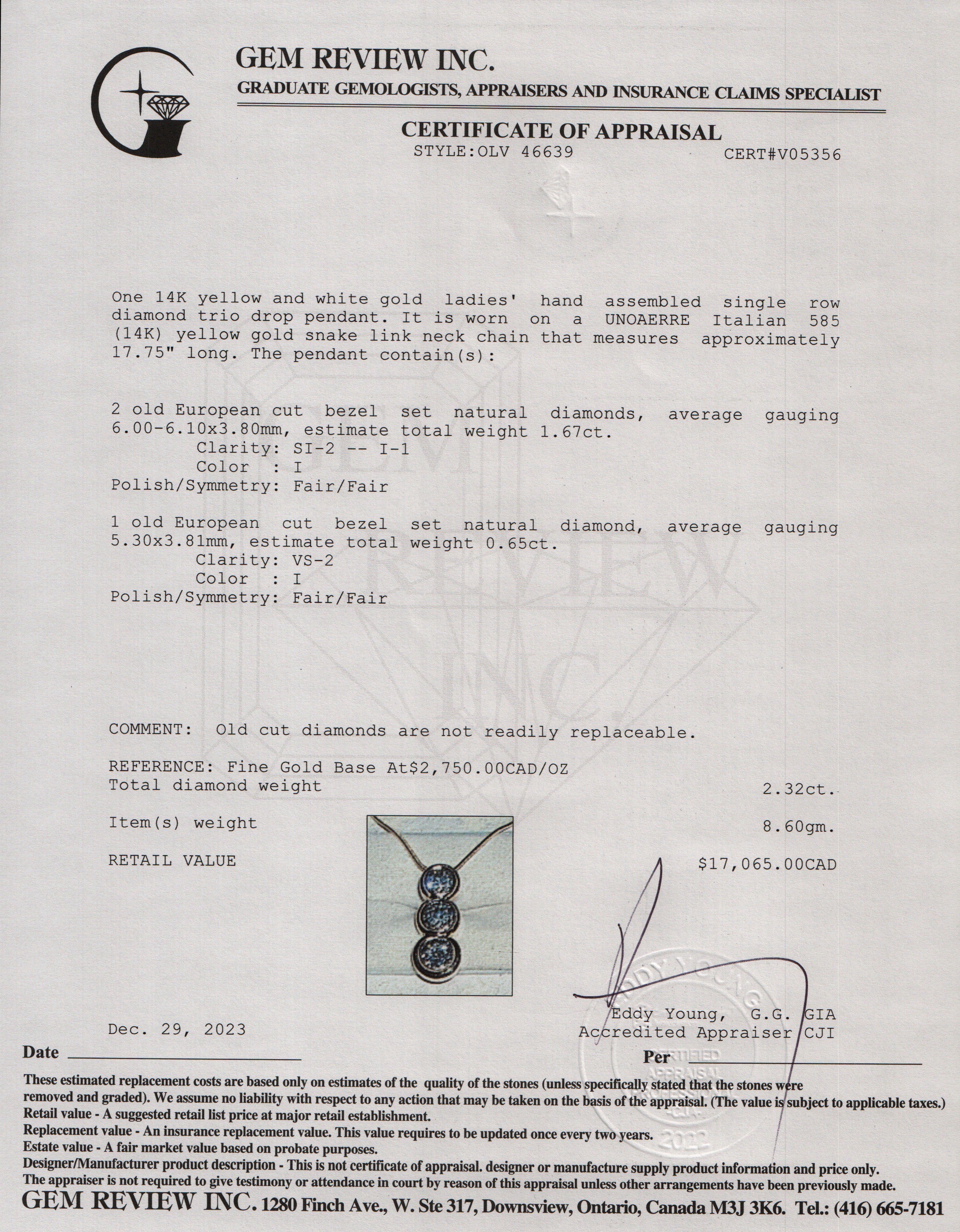 Antique 14k Yellow Gold Three Stone Diamond Drop Pendant Necklace