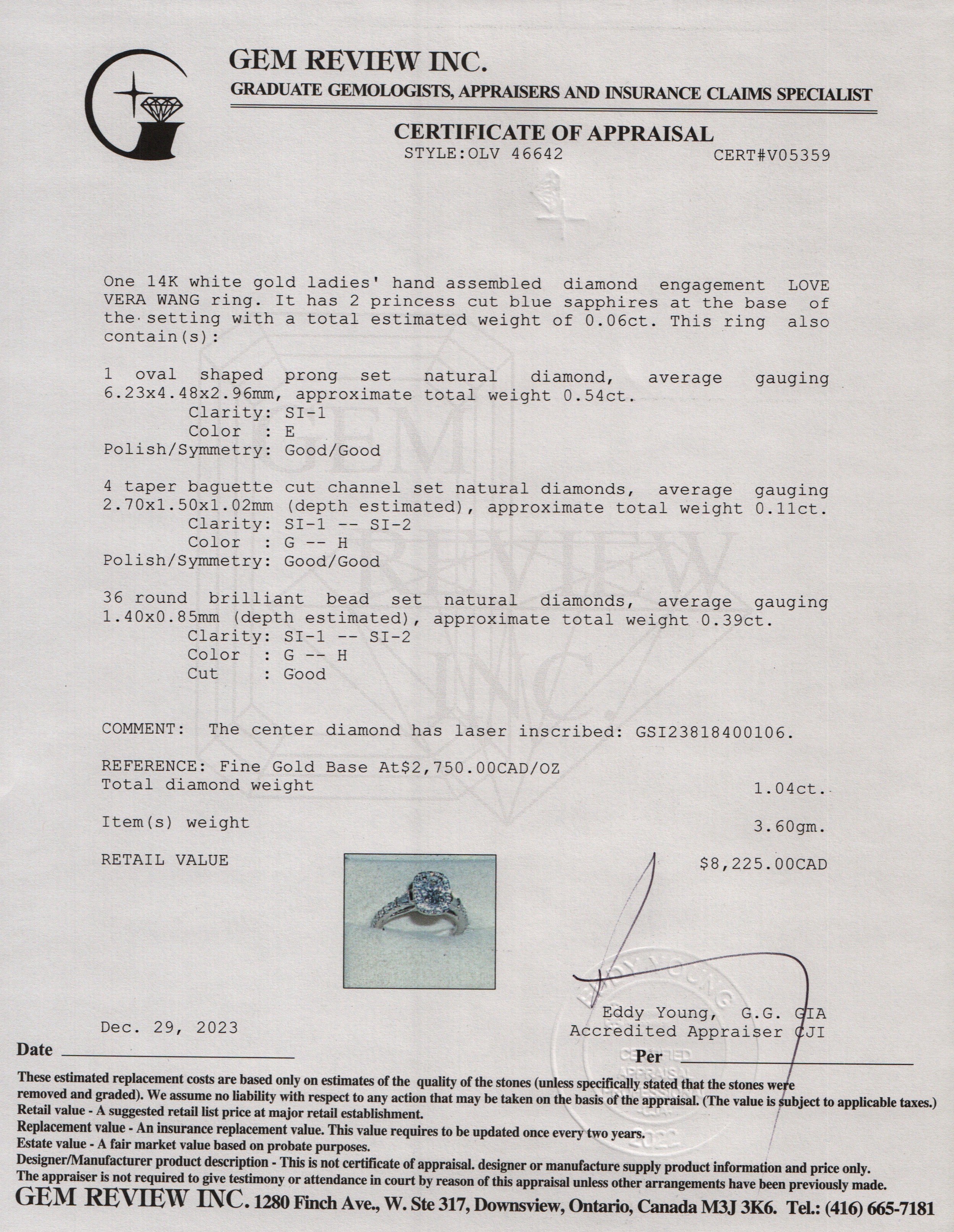 Vera Wang 14k White Gold Love Oval Shaped Diamond Engagement Ring, Size 4