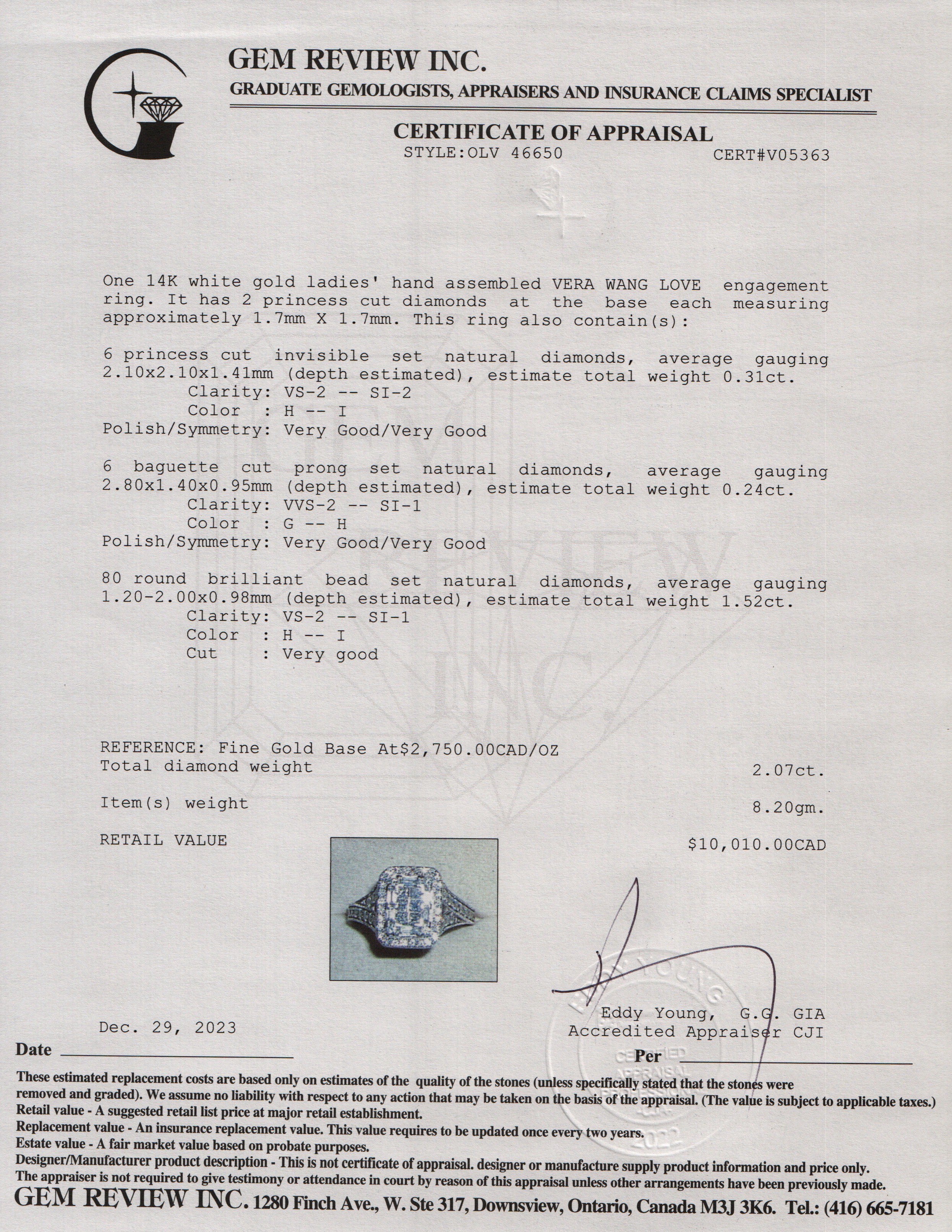 Vera Wang 14k White Gold Love Princess Cut Diamond Engagement Ring, Size 8