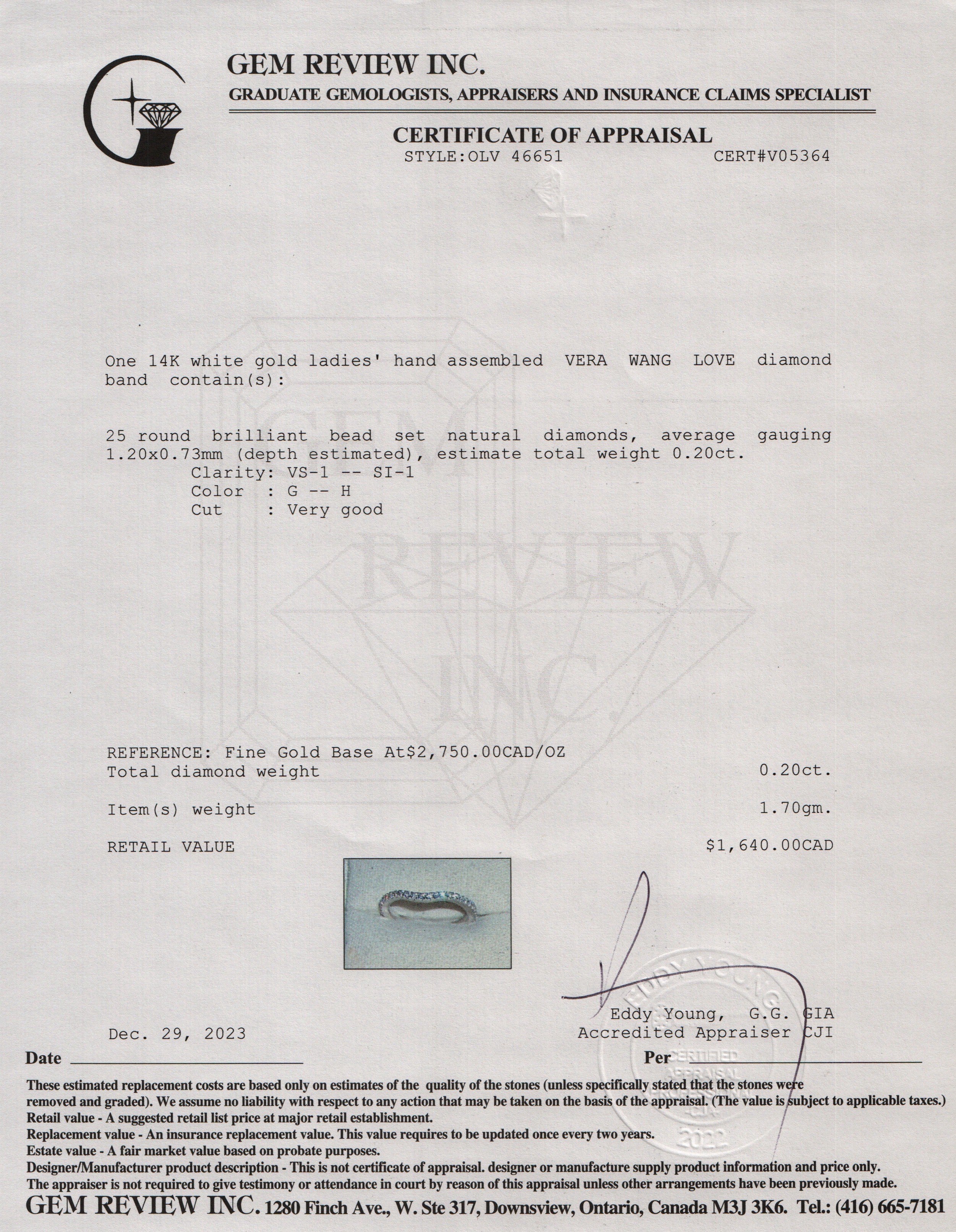 Vera Wang 14k White Gold Love Diamond Band Ring, Size 4.5