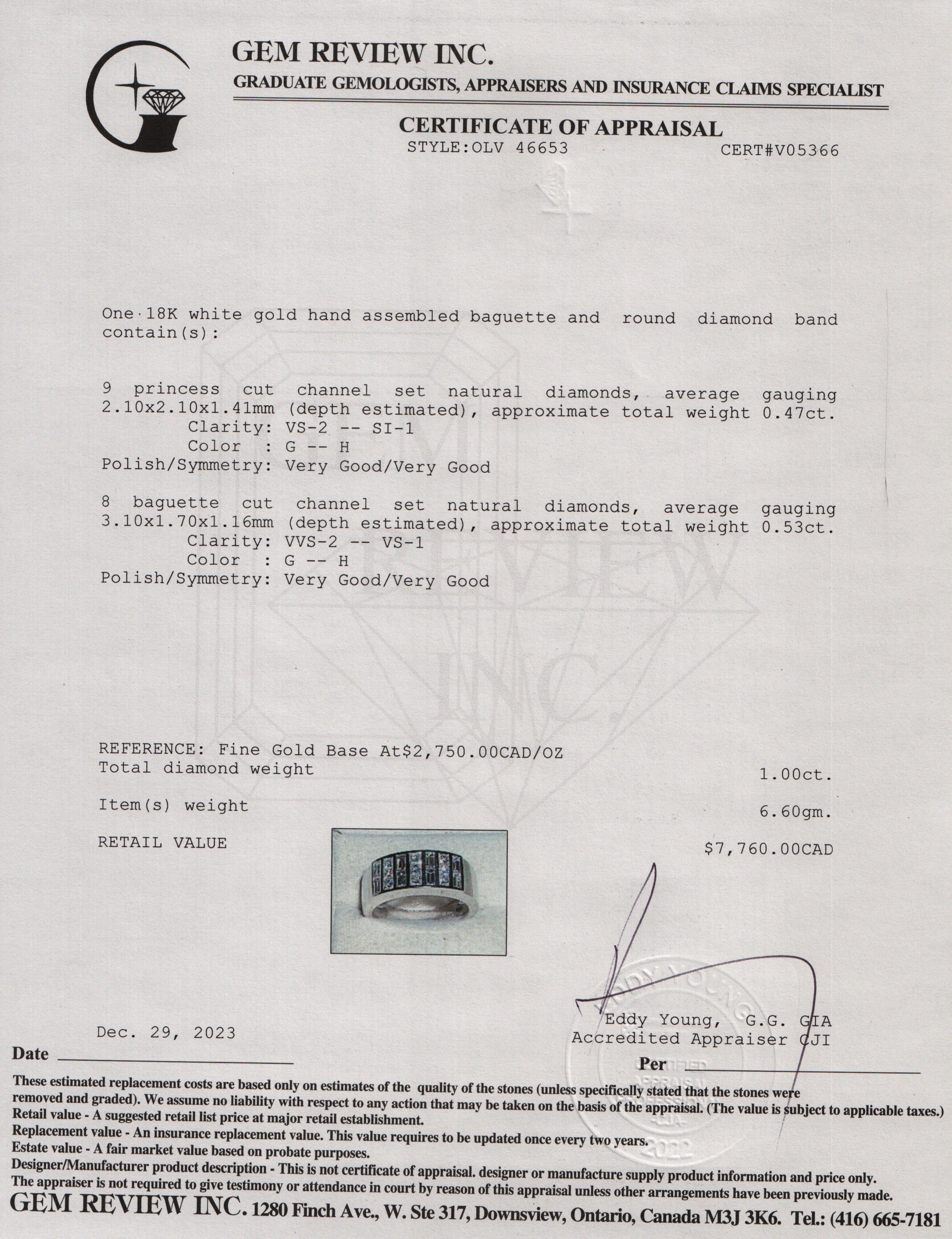 18k White Gold Baguette & Round Brilliant Cut 1.00 tcw. Diamond Ring, Size 6.5