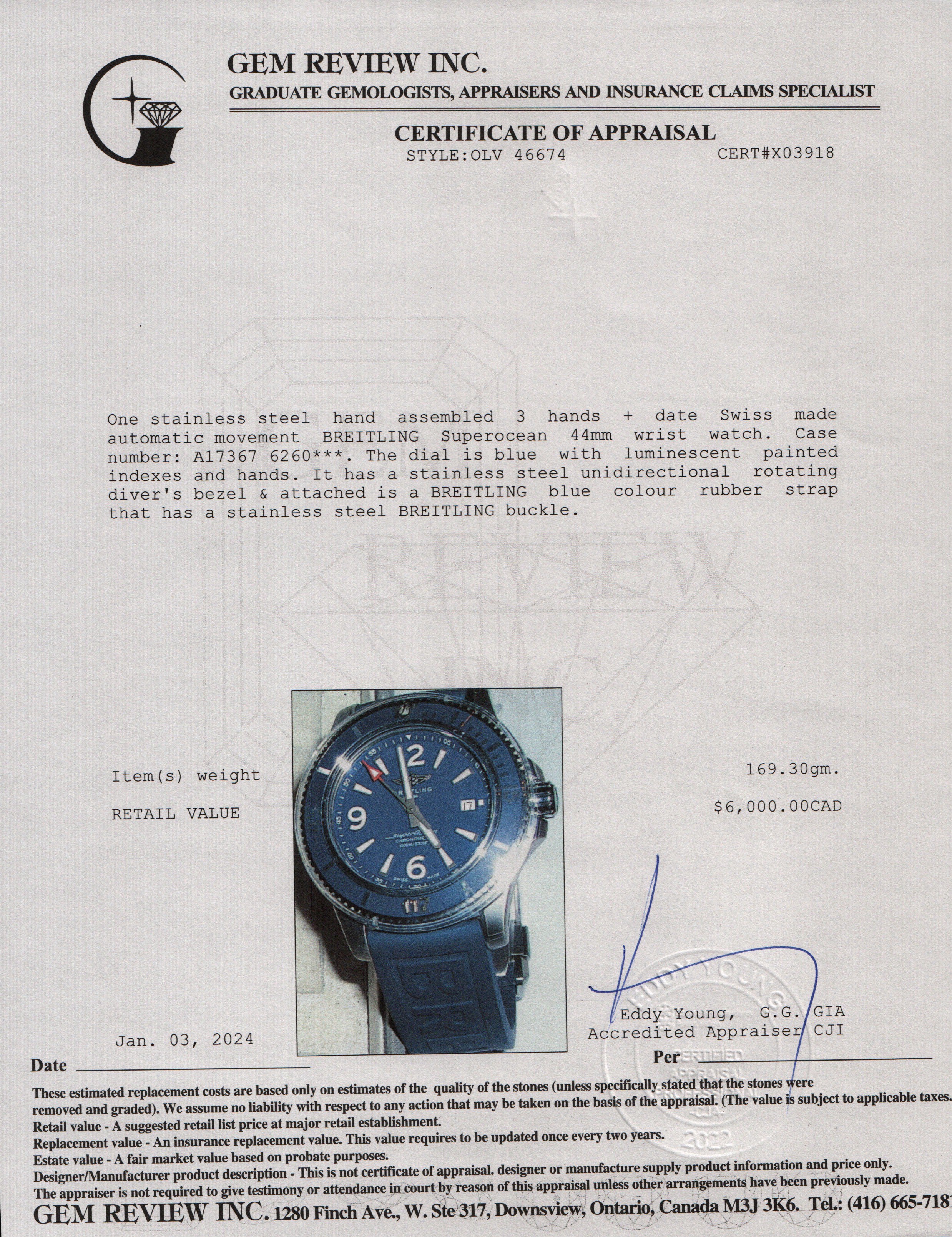 Breitling Stainless Steel Superocean 44 MM Automatic Watch w/ Box & Papers