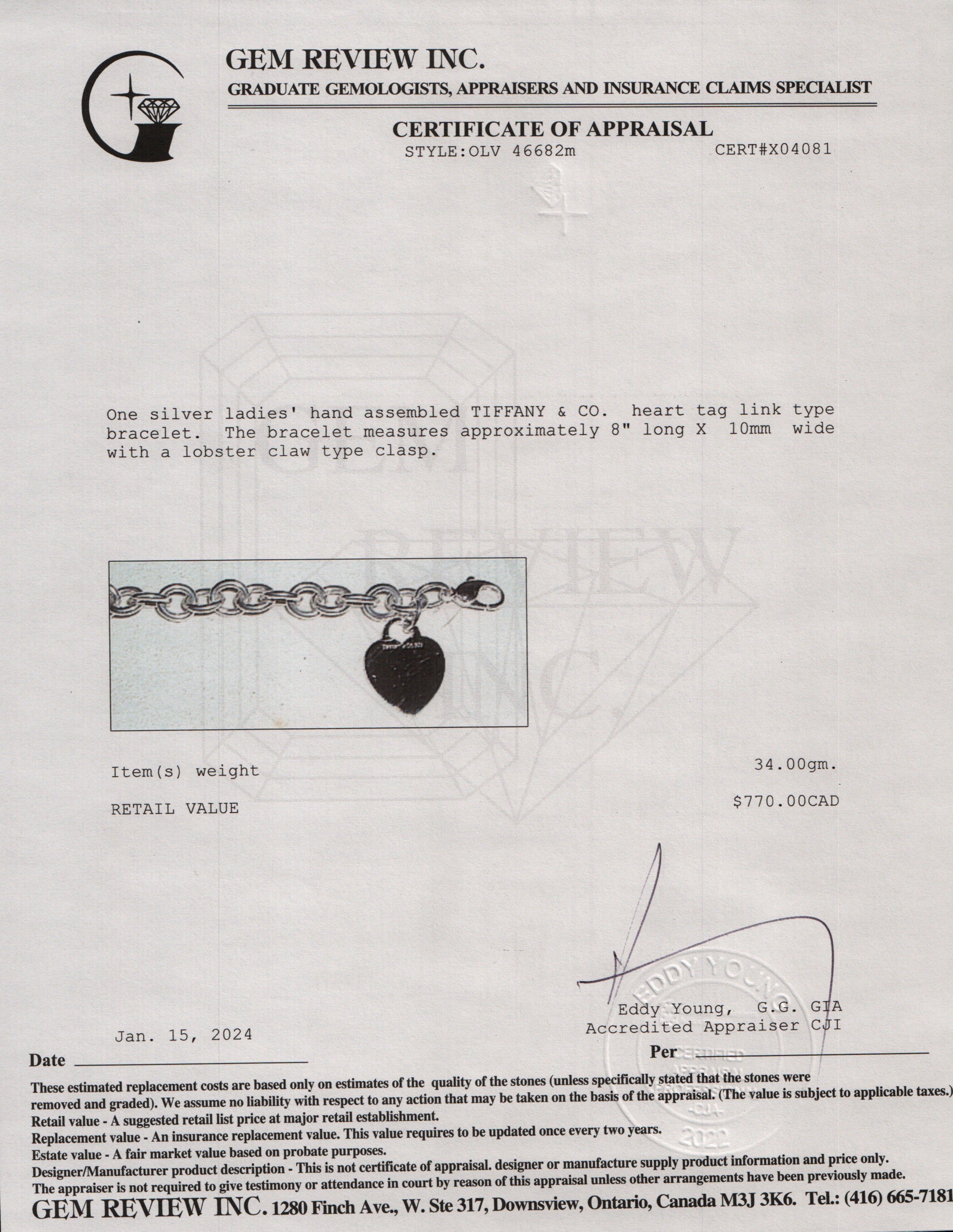 Tiffany & Co. Sterling Silver Heart Tag Charm Bracelet