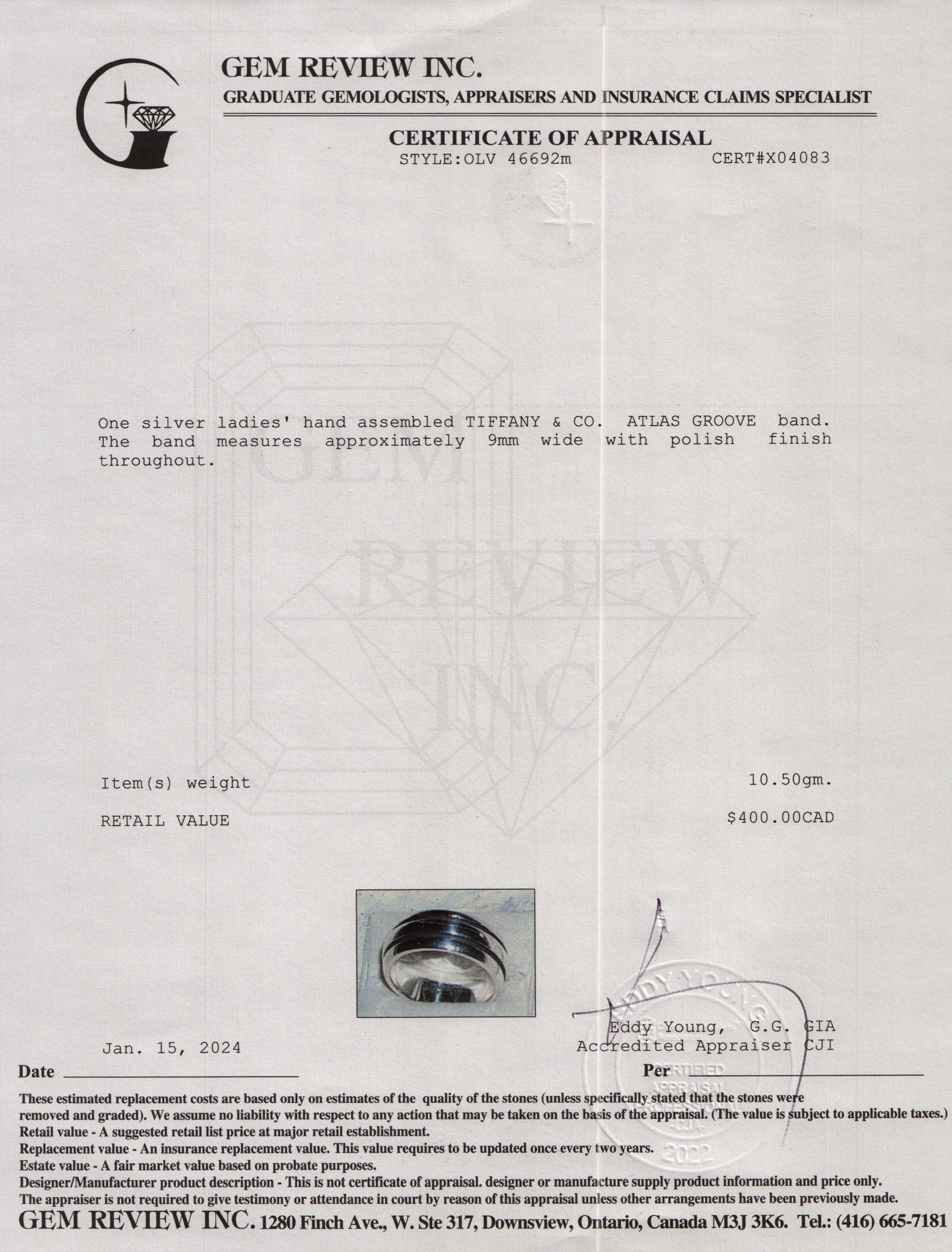 Tiffany & Co. Vintage Sterling Silver 9 MM Atlas Groove Band, Size 10.25