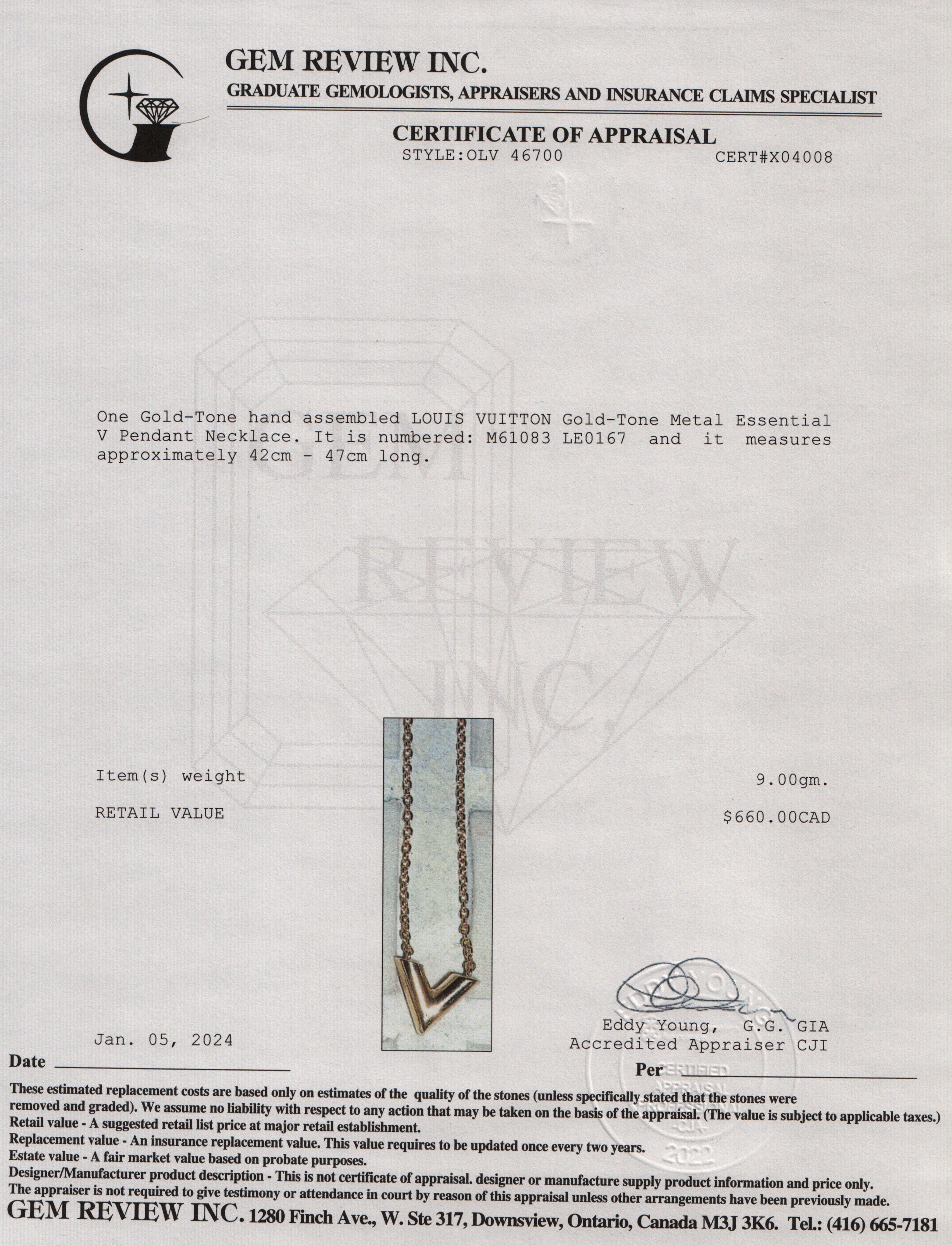 Louis Vuitton Gold-Tone Metal Essential V Pendant Necklace