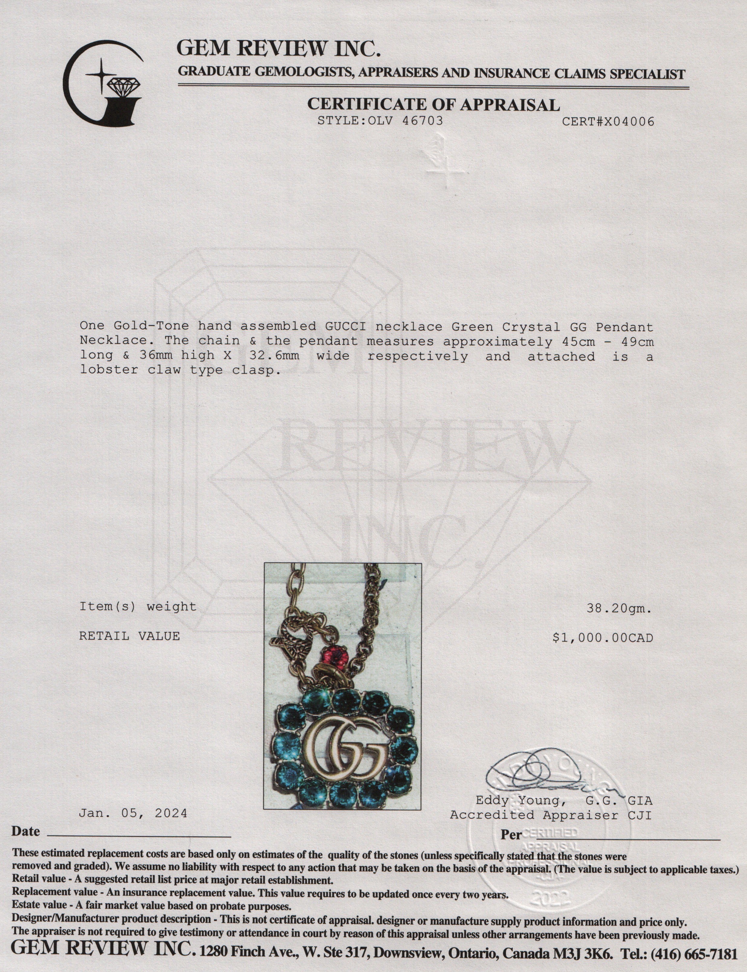 Gucci Gold-Tone Metal Green Crystal GG Pendant Necklace