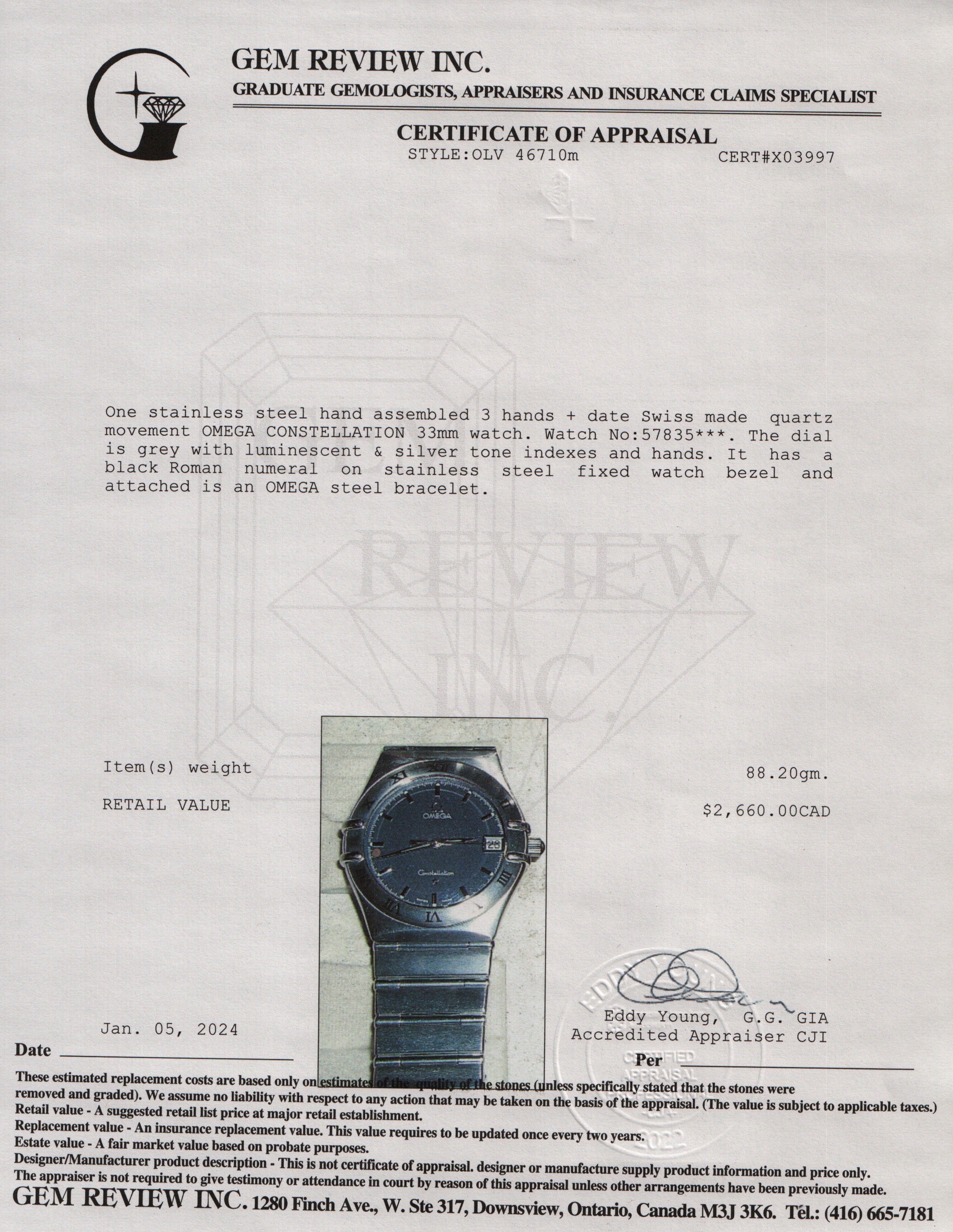 Omega Stainless Steel Constellation 34 MM Quartz Watch w/ Box & Papers