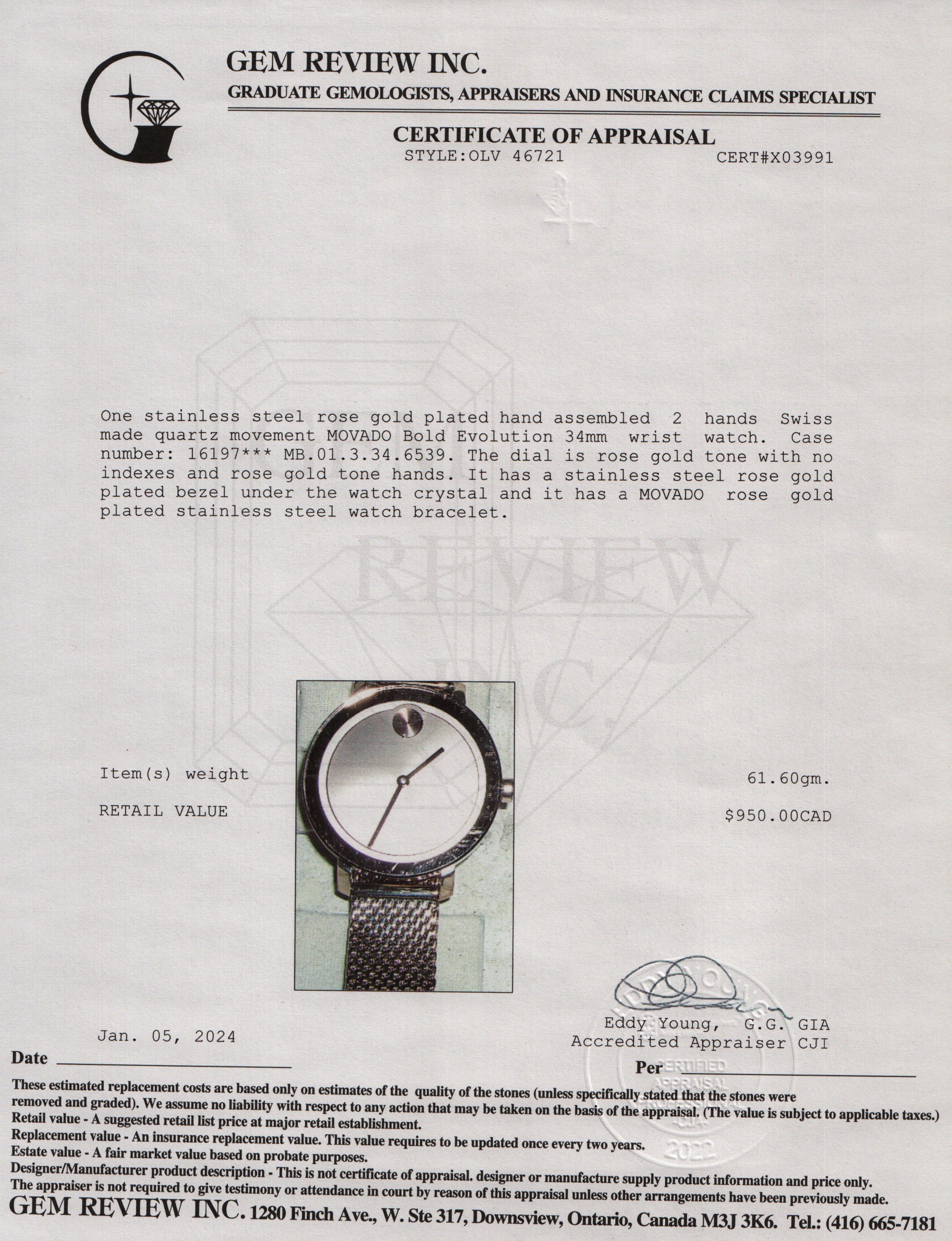 Movado Rose Gold Plated Stainless Steel Bold Evolution 34 MM Watch