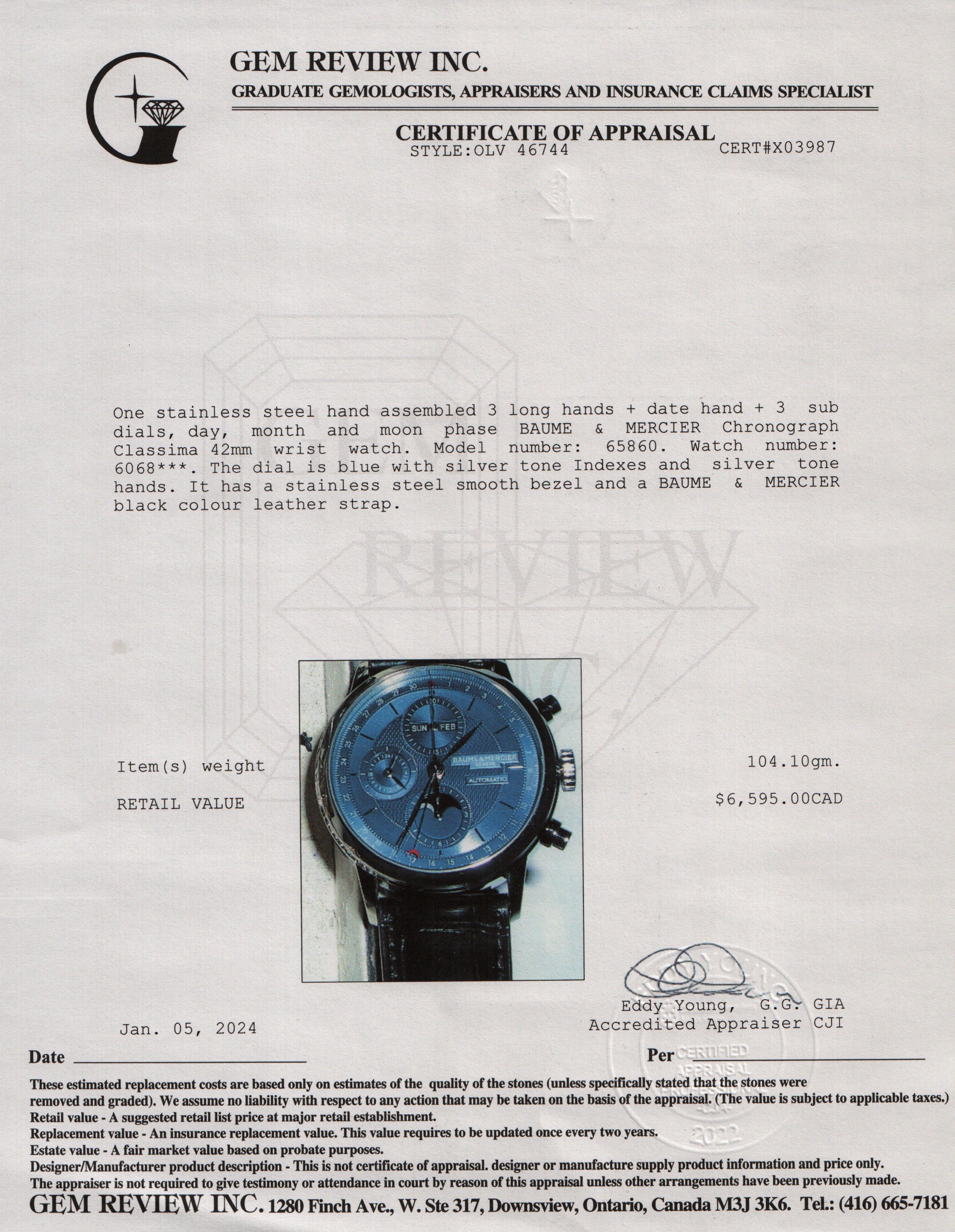 Baume & Mercier Stainless Steel Classima 42 MM Chronograph Moonphase Automatic Watch w/ Box & Papers