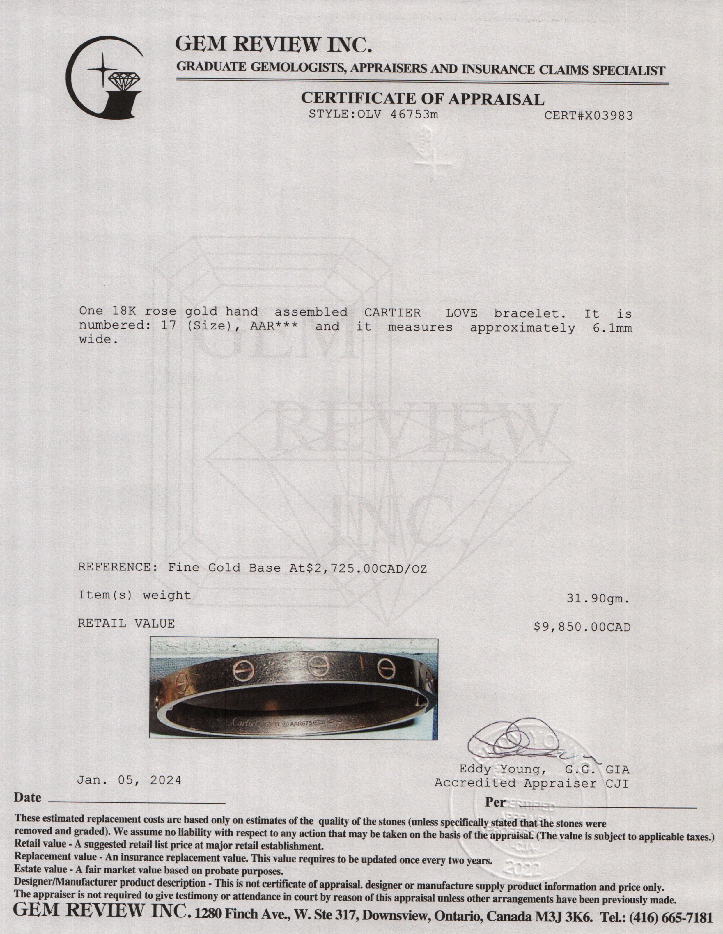 Cartier 18k Rose Gold Love Bracelet, Size 17 w/ Box & Certificate